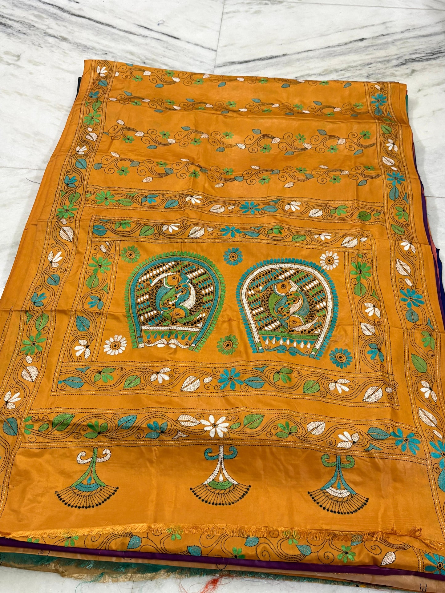 Blended Murshidabad Silk Hand Crafted Kantha Stitch Saree