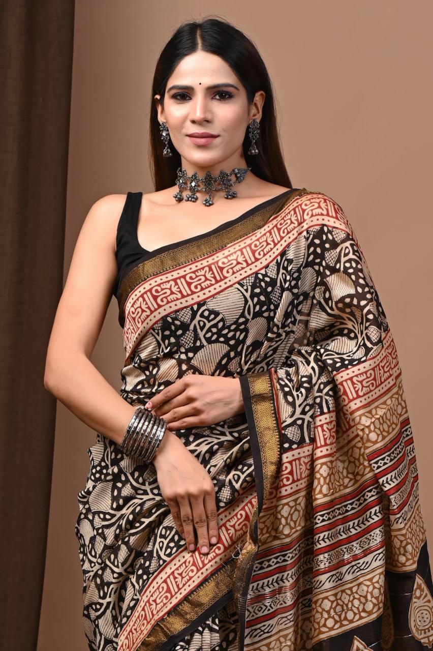 Natural Color Hand Block Print Saree