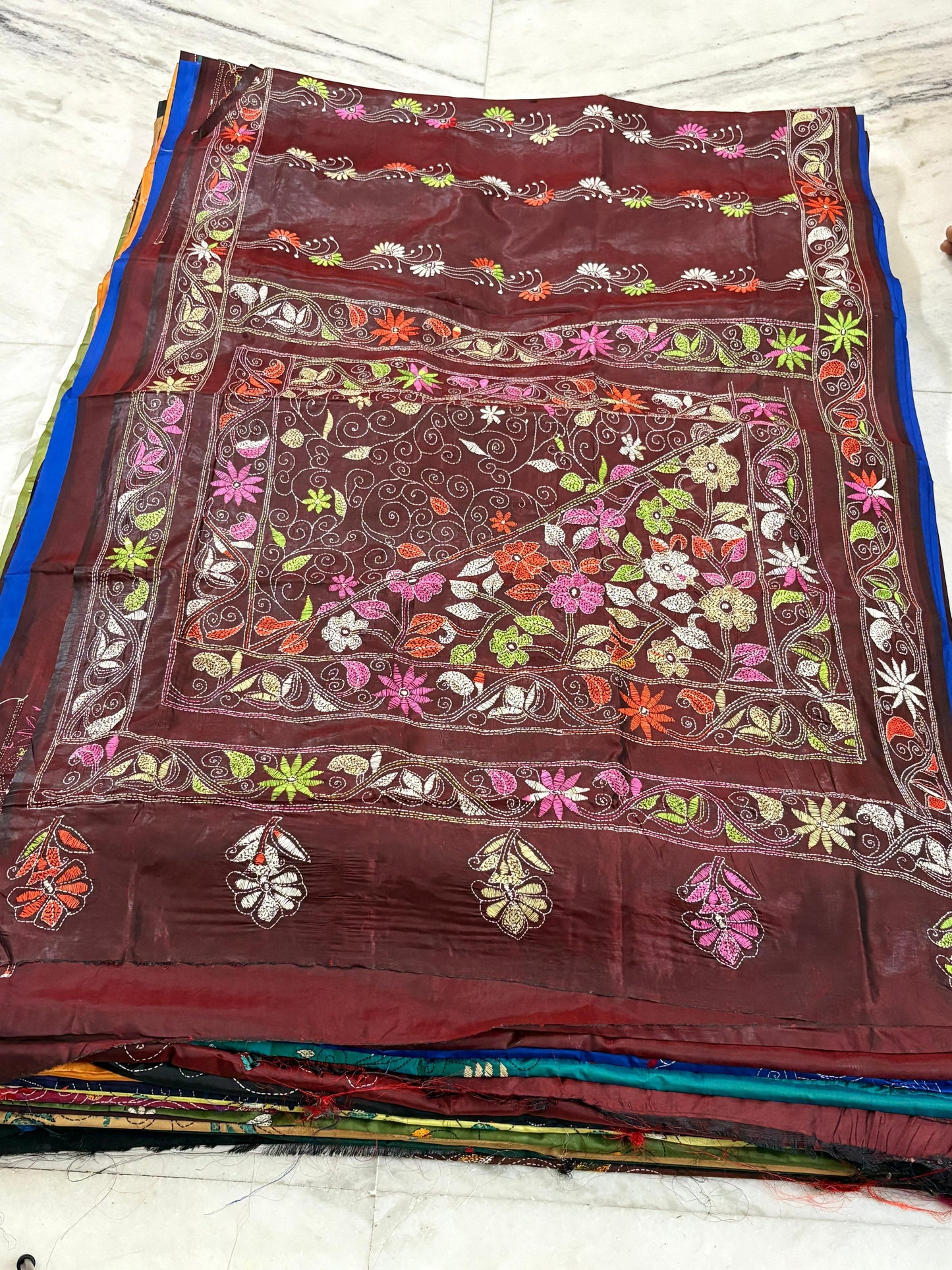 Blended Bangalore Silk Hand Crafted Kantha Stitch Saree