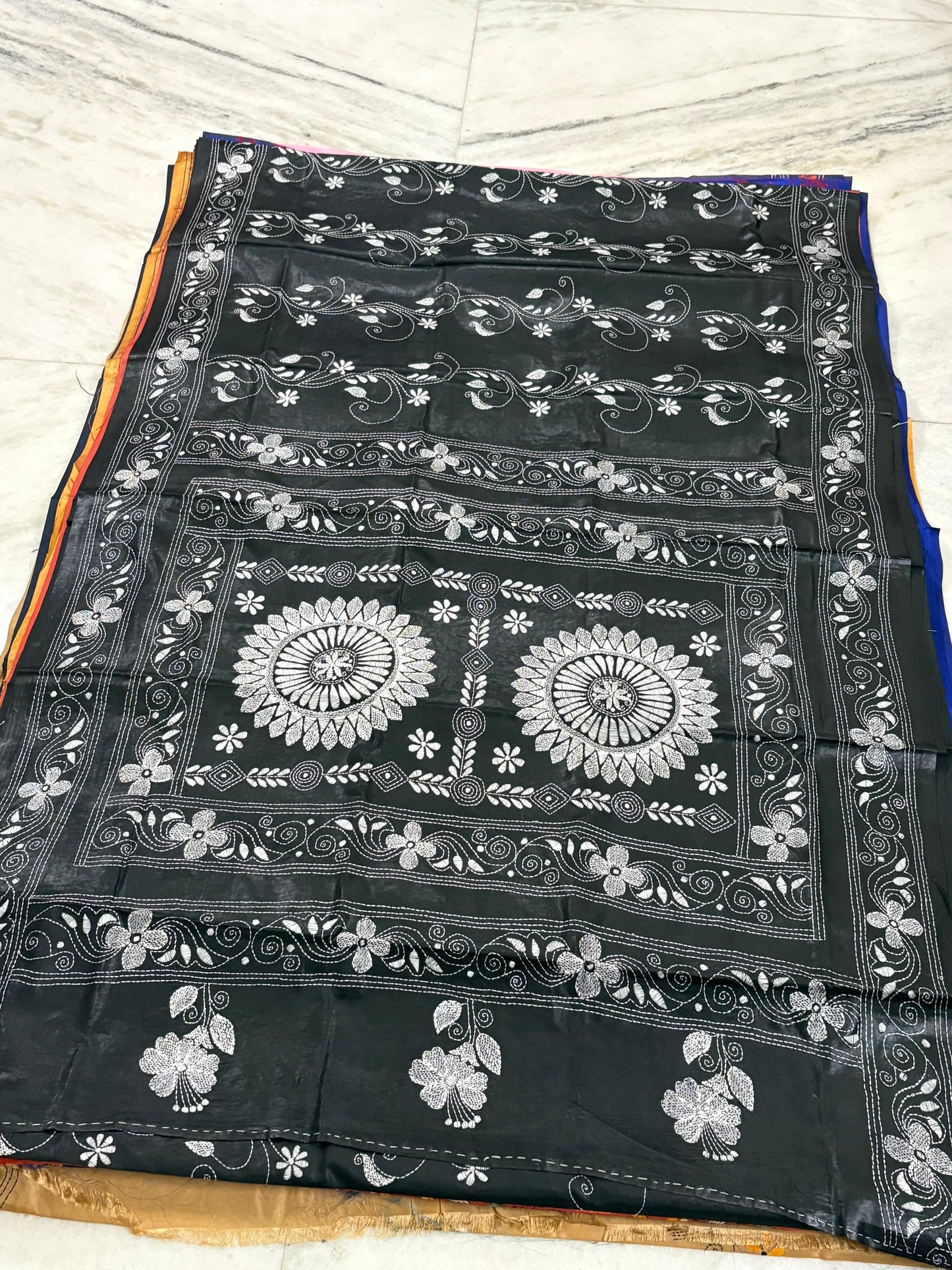 Blended Murshidabad Silk Hand Crafted Kantha Stitch Saree
