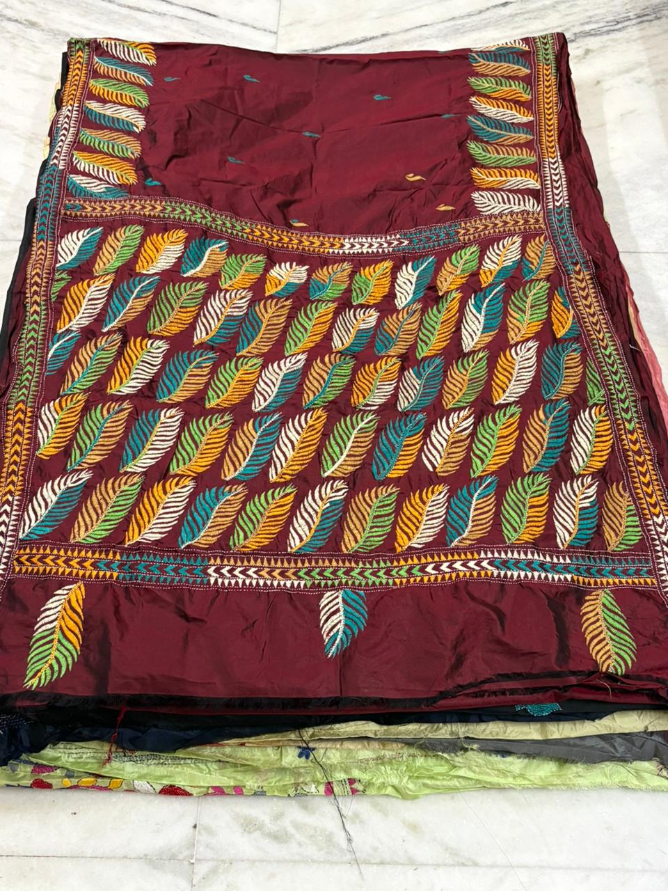 Pure Bangalore Silk Hand Crafted Kantha Stitch Saree
