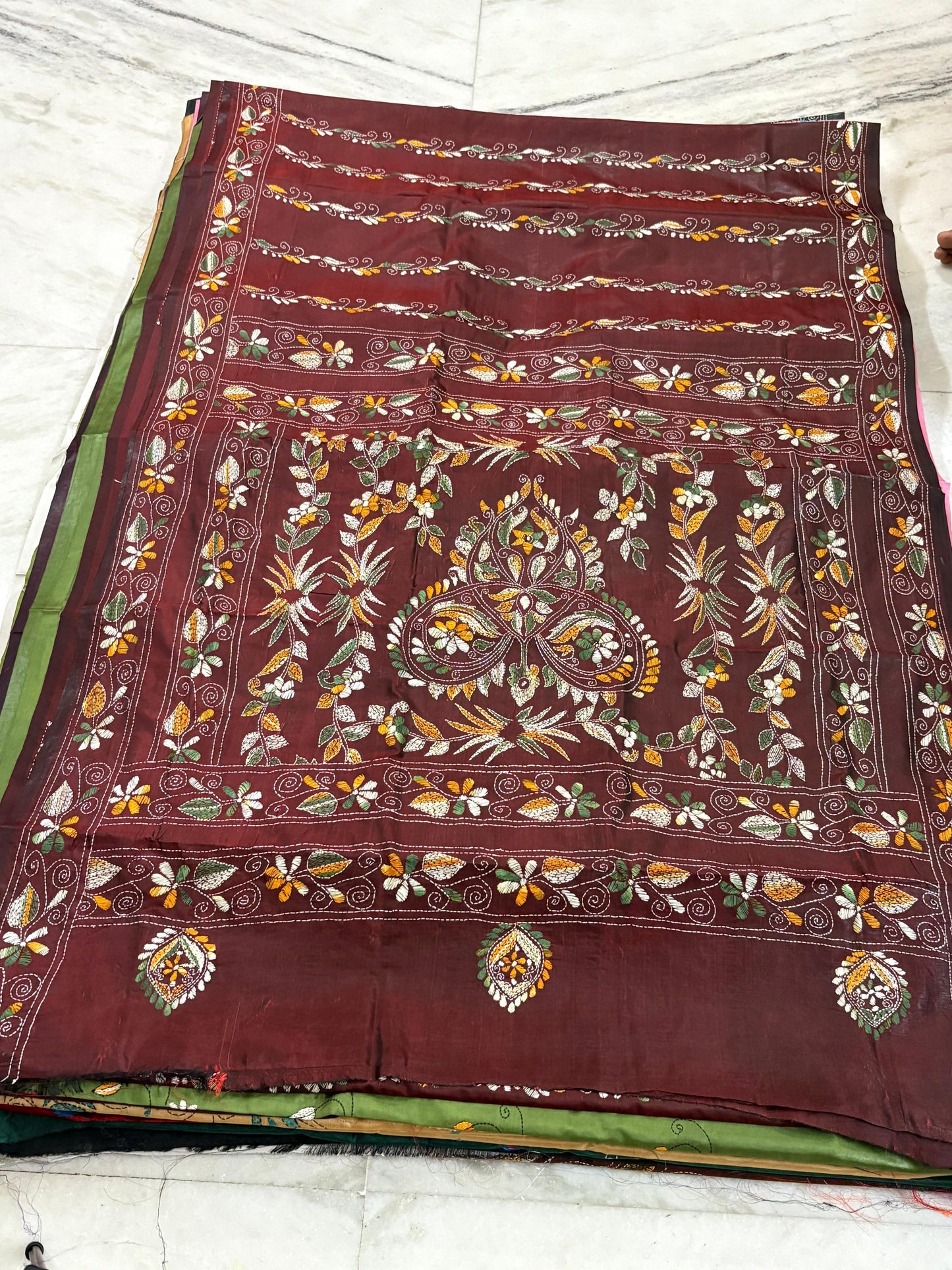 Blended Bangalore Silk Hand Crafted Kantha Stitch Saree