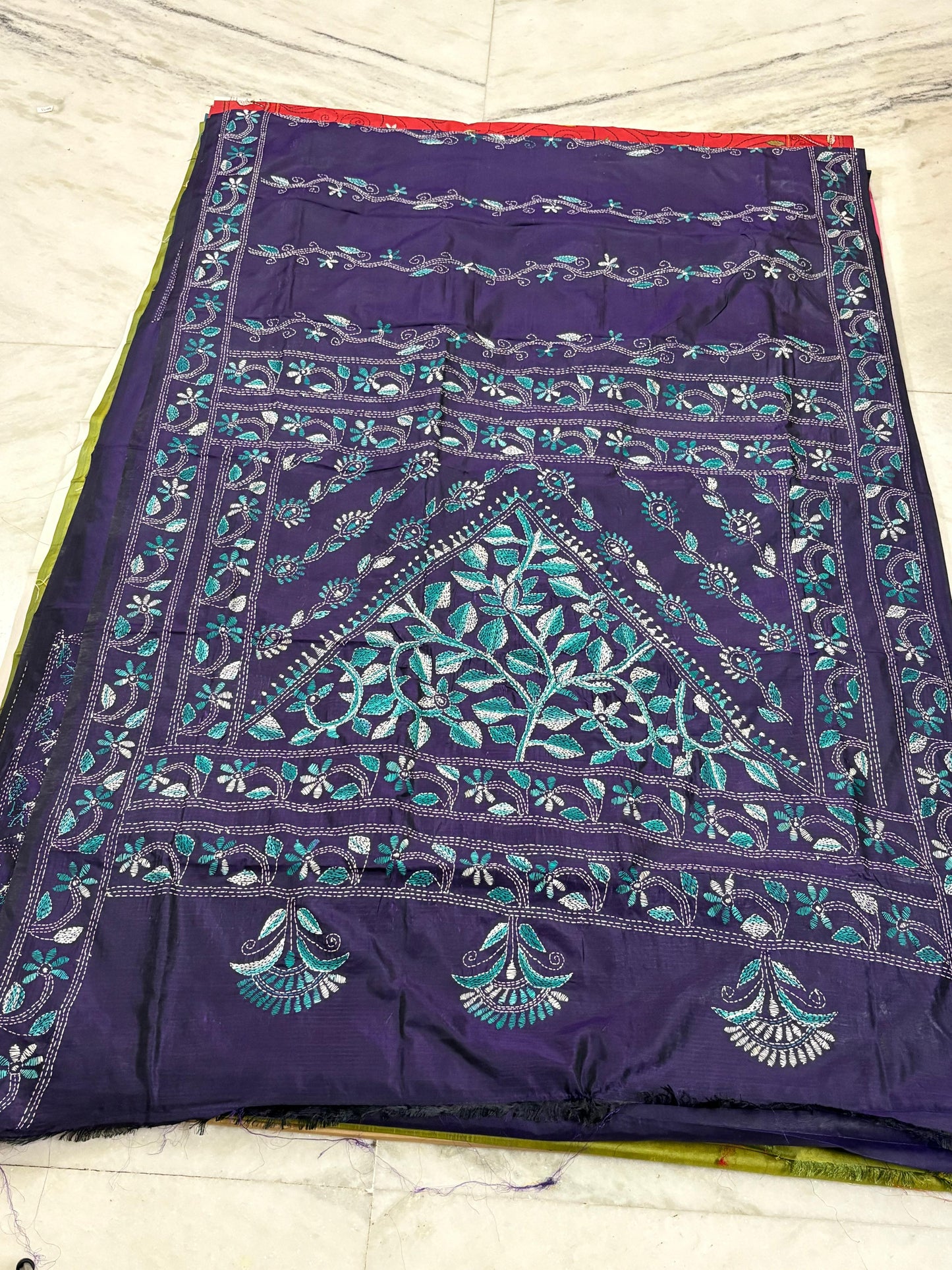 Blended Bangalore Silk Hand Crafted Kantha Stitch Saree