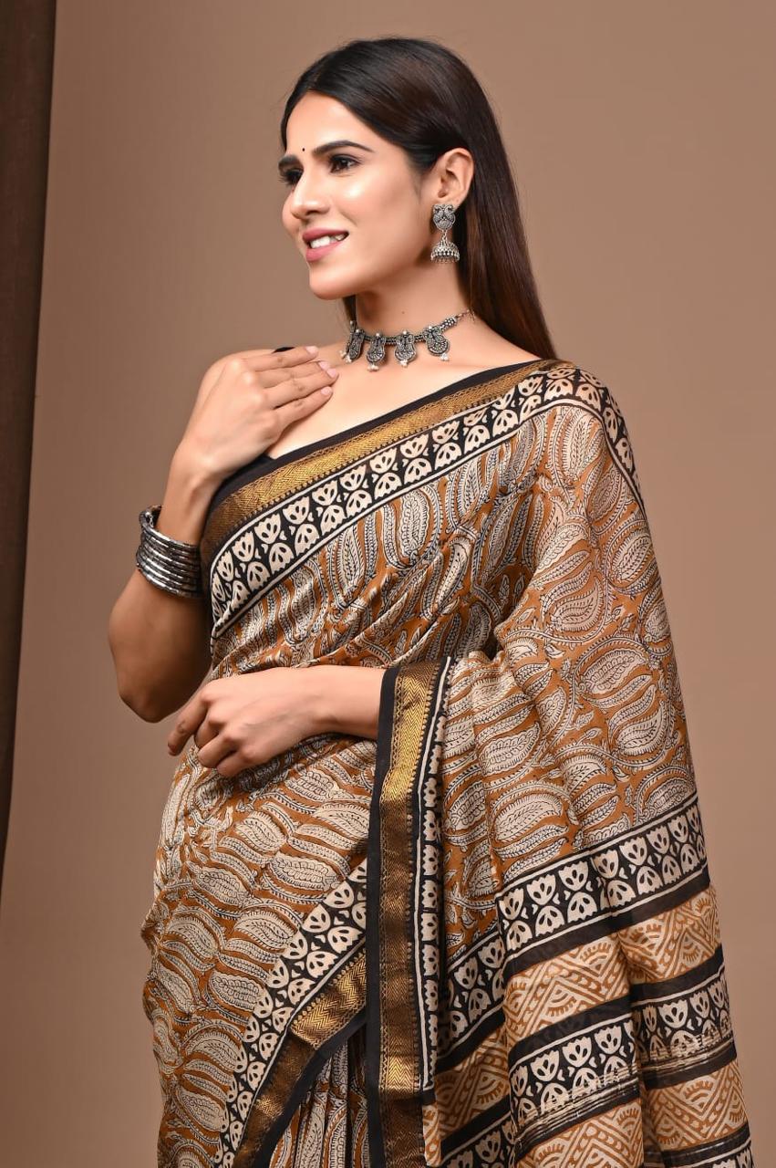 Natural Color Hand Block Print Saree