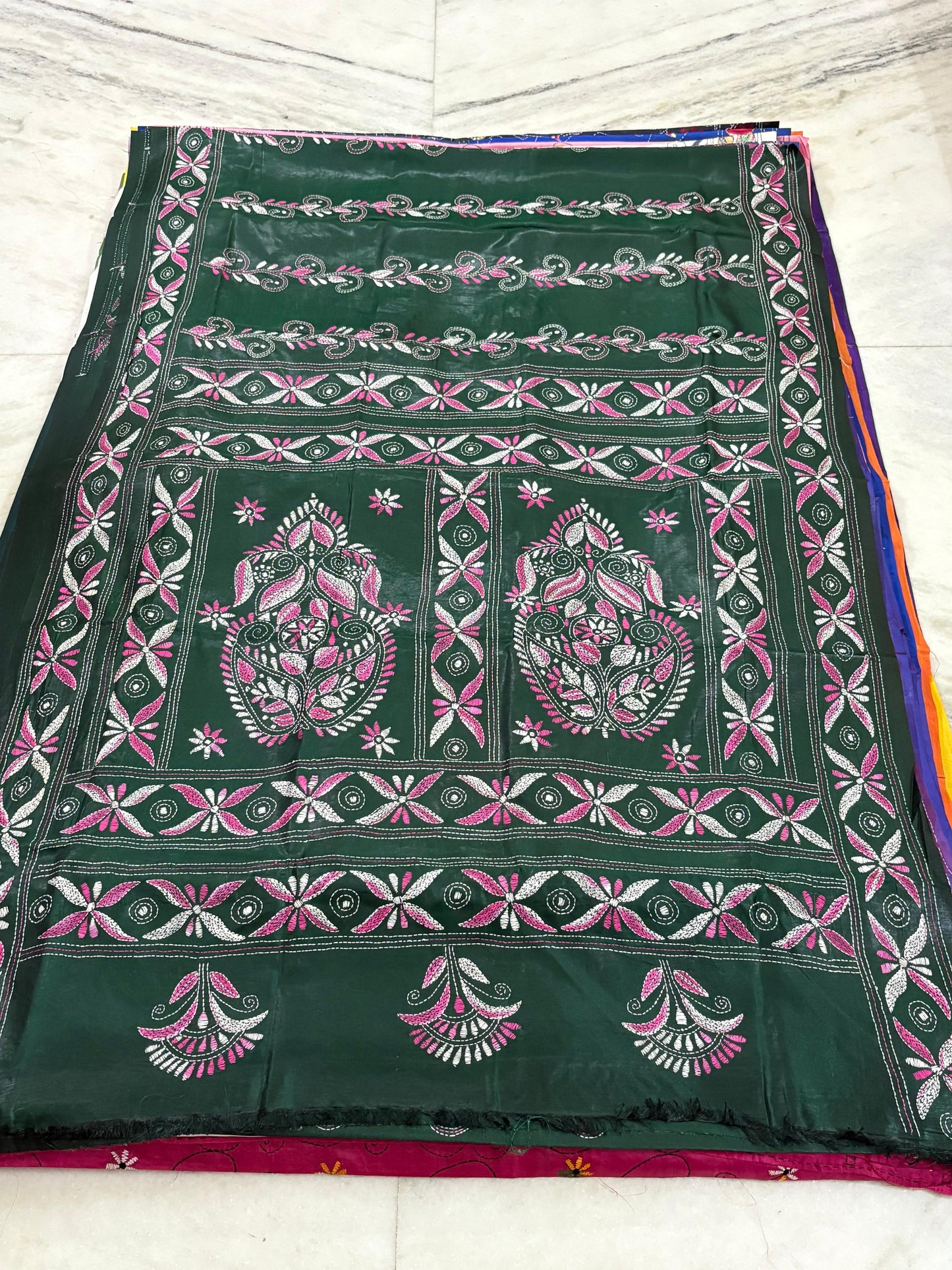 Blended Murshidabad Silk Hand Crafted Kantha Stitch Saree