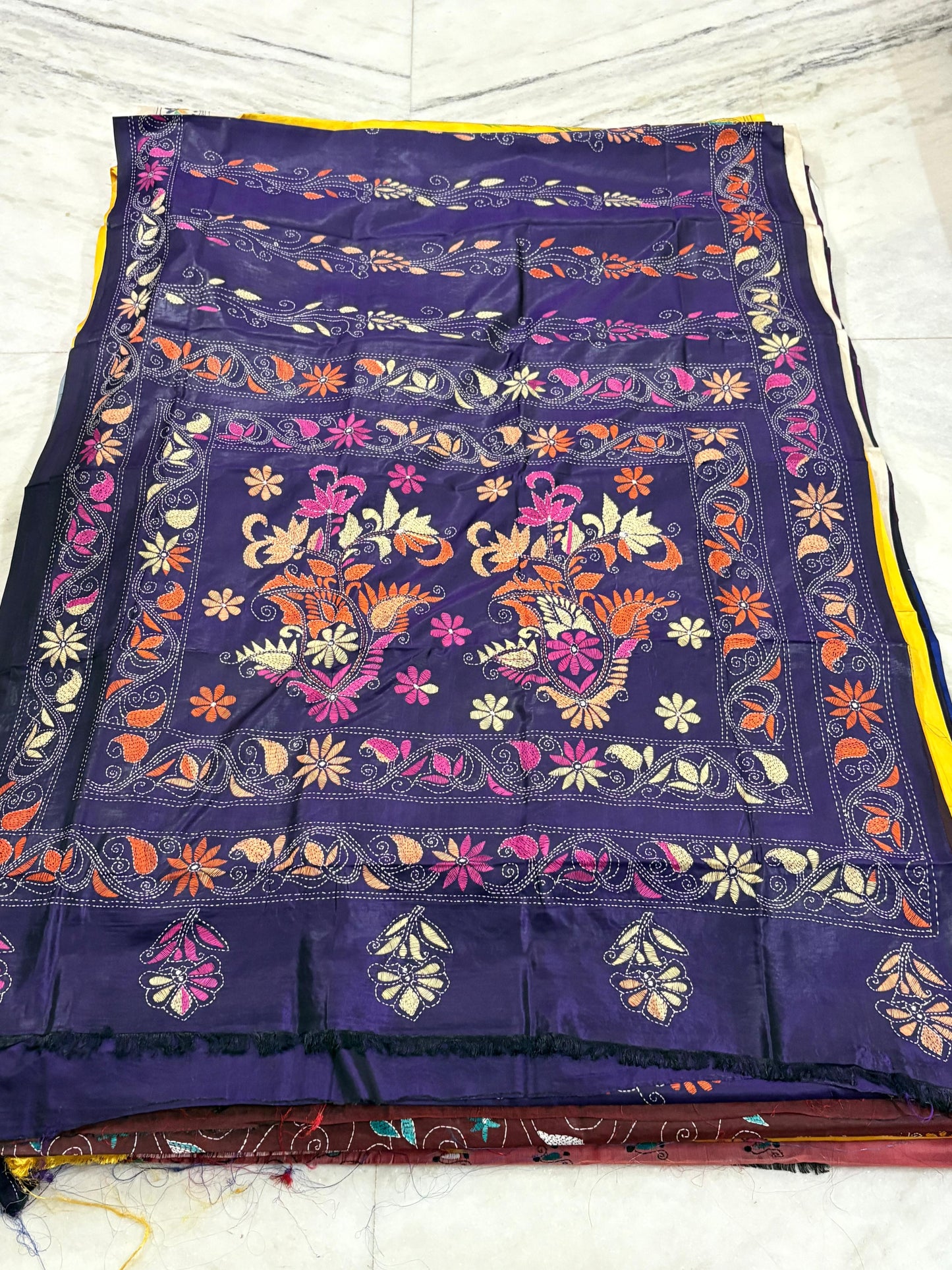 Blended Murshidabad Silk Hand Crafted Kantha Stitch Saree