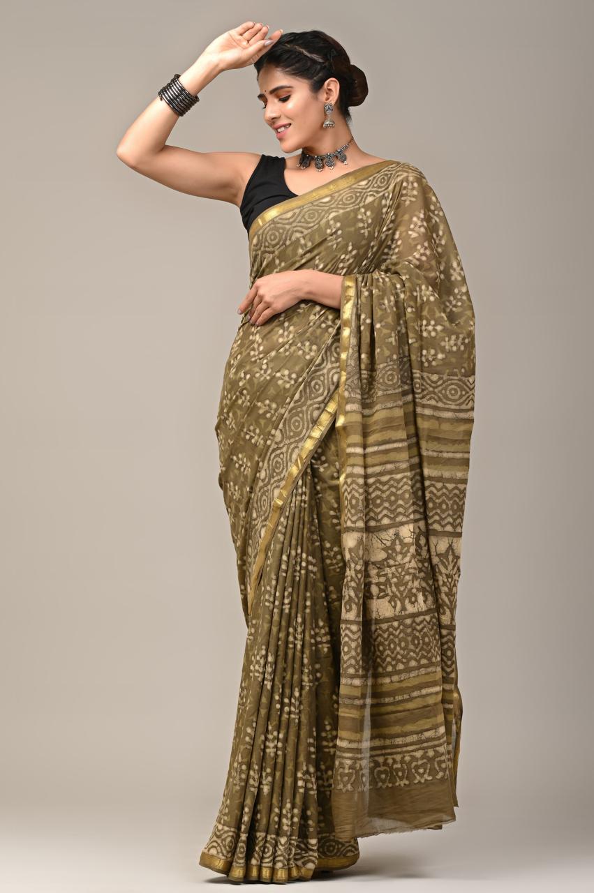 Hand Block Printing Saree on Cotton Zari