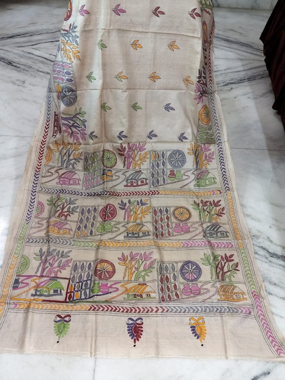 Pure Gachhi Tussar Handicrafts Kantha Stitch Saree