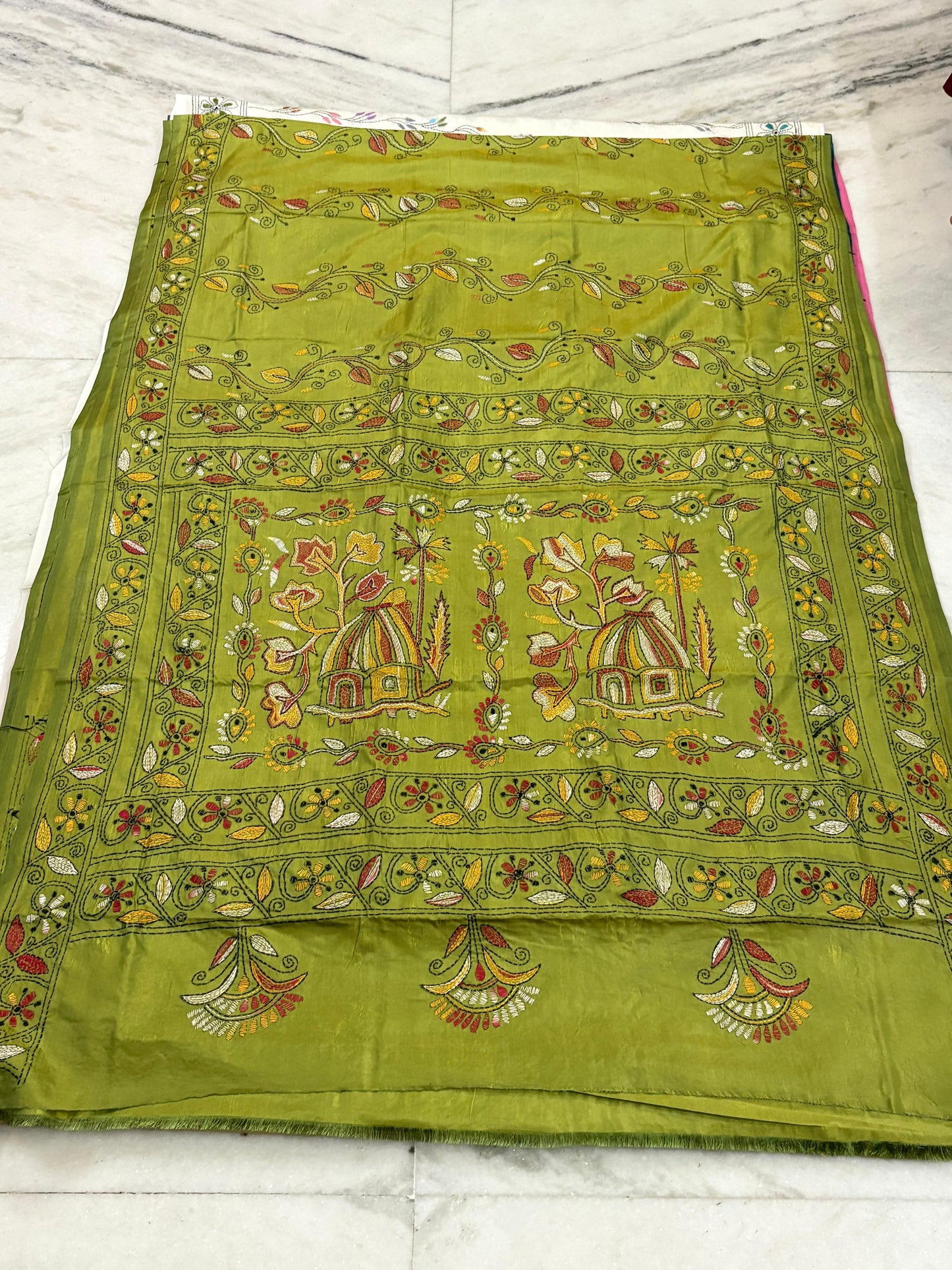 Blended Bangalore Silk Hand Crafted Kantha Stitch Saree