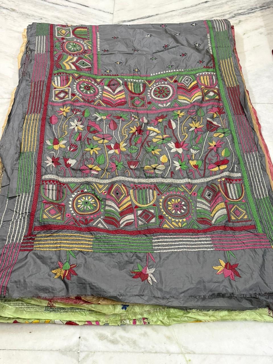Pure Bangalore Silk Hand Crafted Kantha Stitch Saree