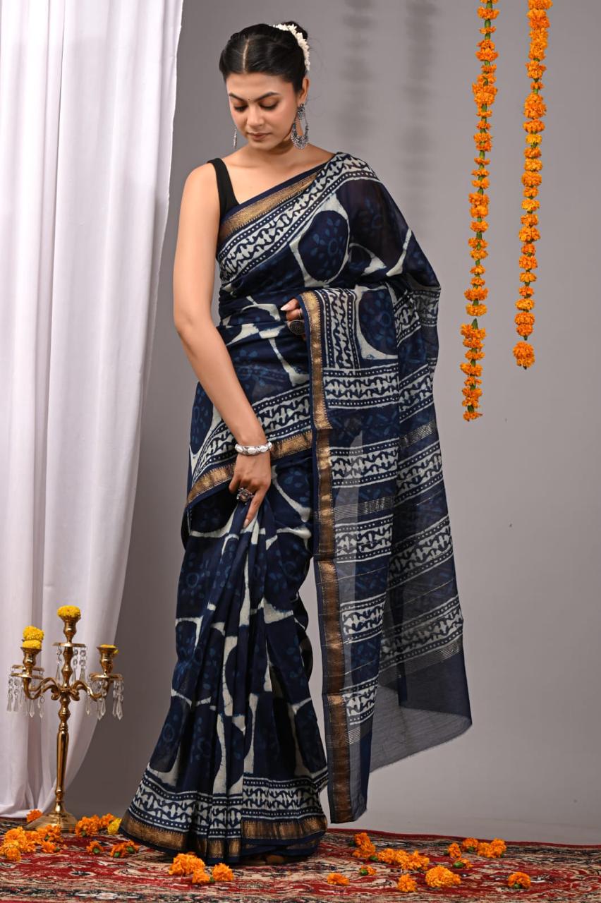 Natural Color Hand Block Print Saree