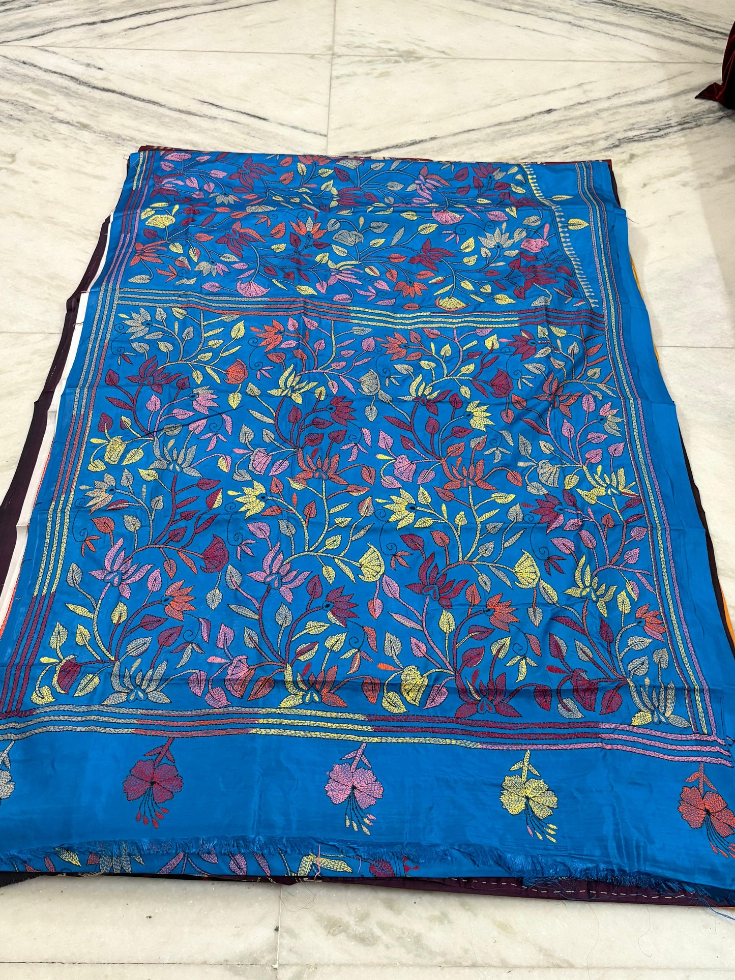 Blended Bangalore Silk Hand Crafted Kantha Stitch Saree