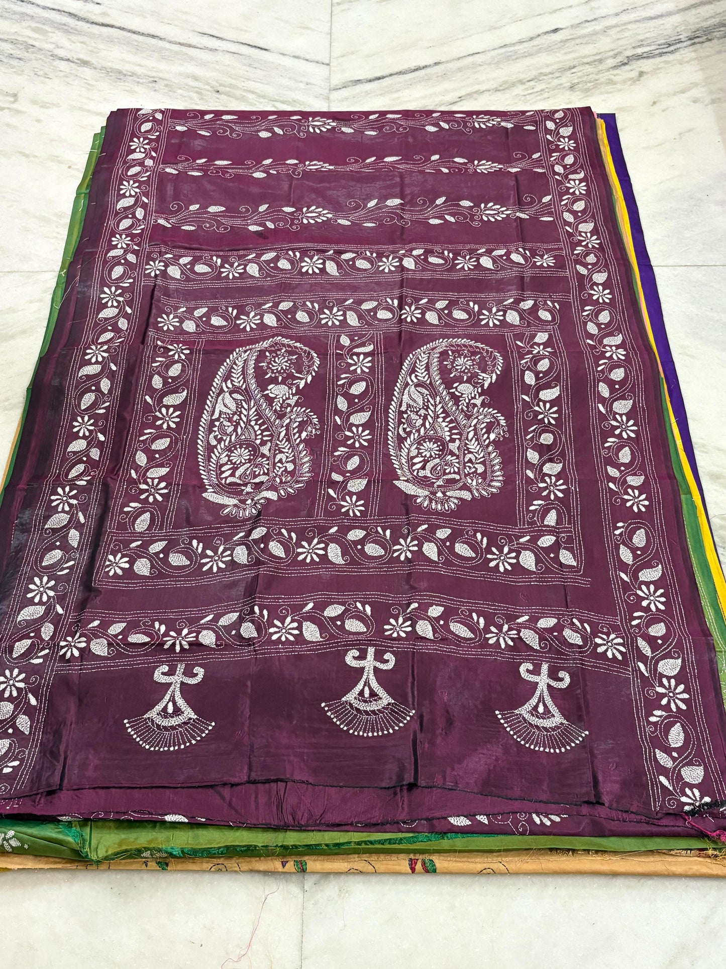 Blended Murshidabad Silk Hand Crafted Kantha Stitch Saree