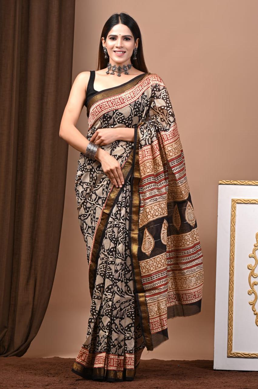 Natural Color Hand Block Print Saree