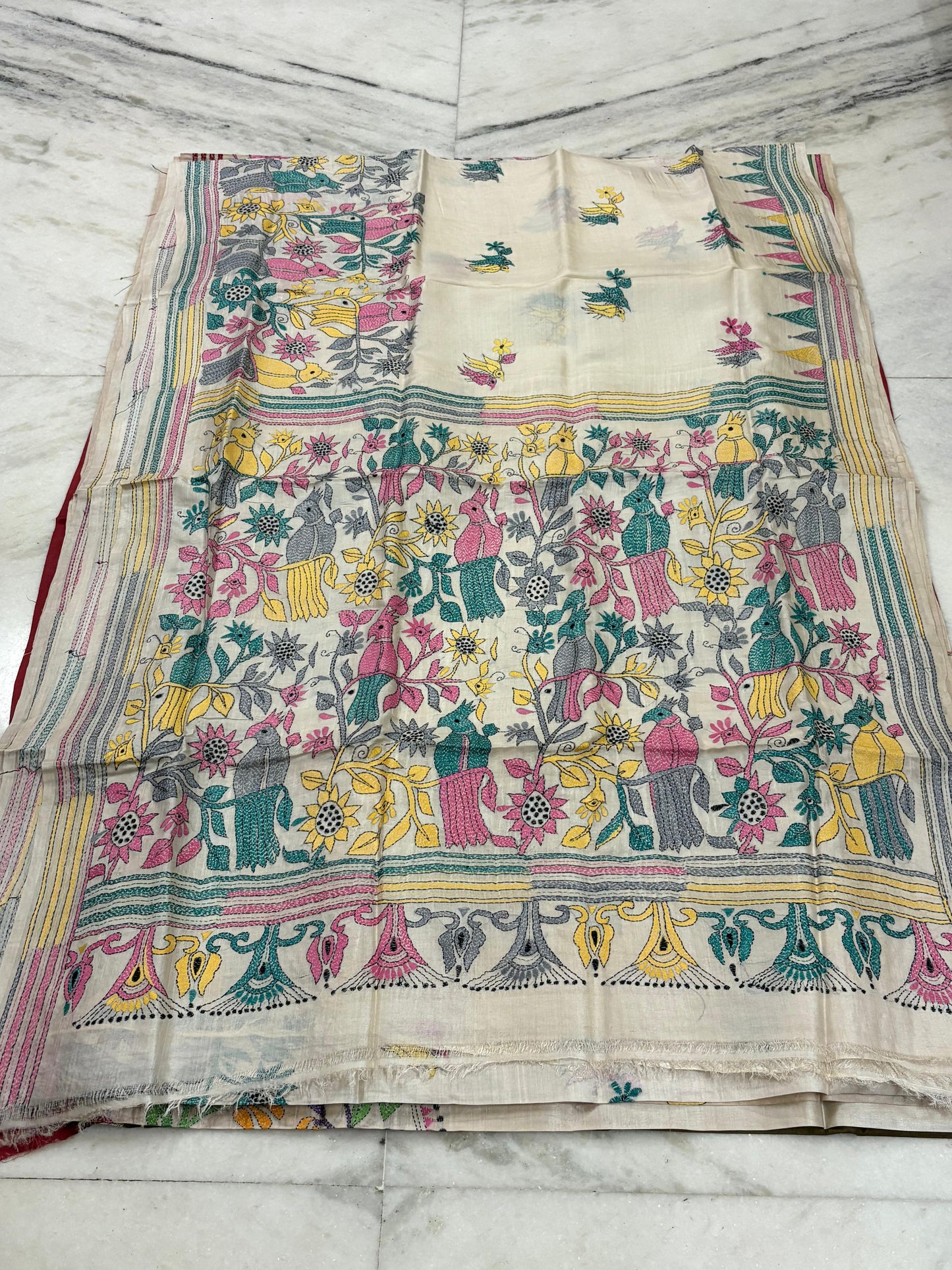 Korean Tussar Handicrafts Kantha Stitch Saree