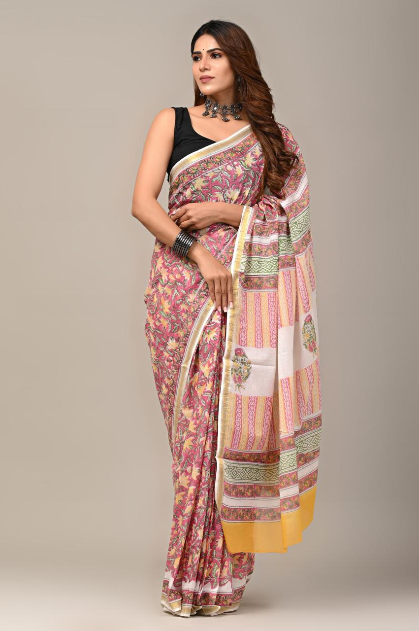 Hand Block Printing Saree on Cotton Zari