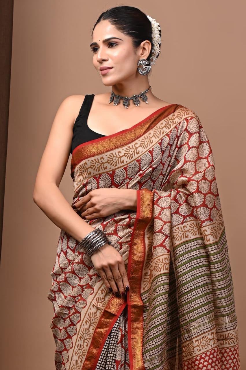 Natural Color Hand Block Print Saree
