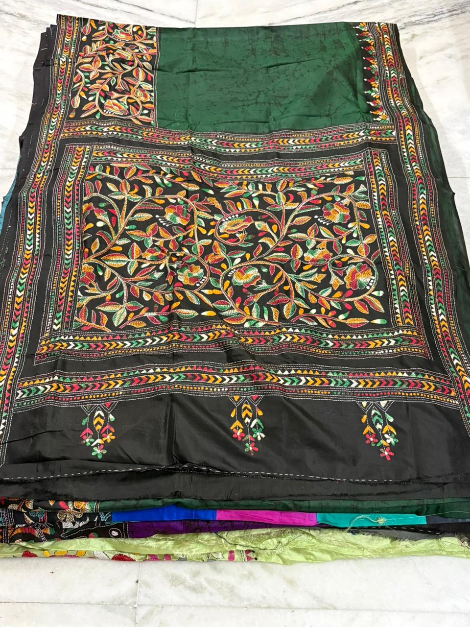 Pure Bangalore Silk Hand Crafted Kantha Stitch Saree