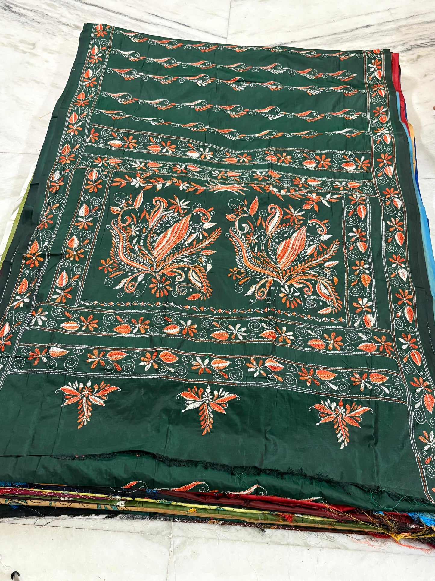 Blended Bangalore Silk Hand Crafted Kantha Stitch Saree
