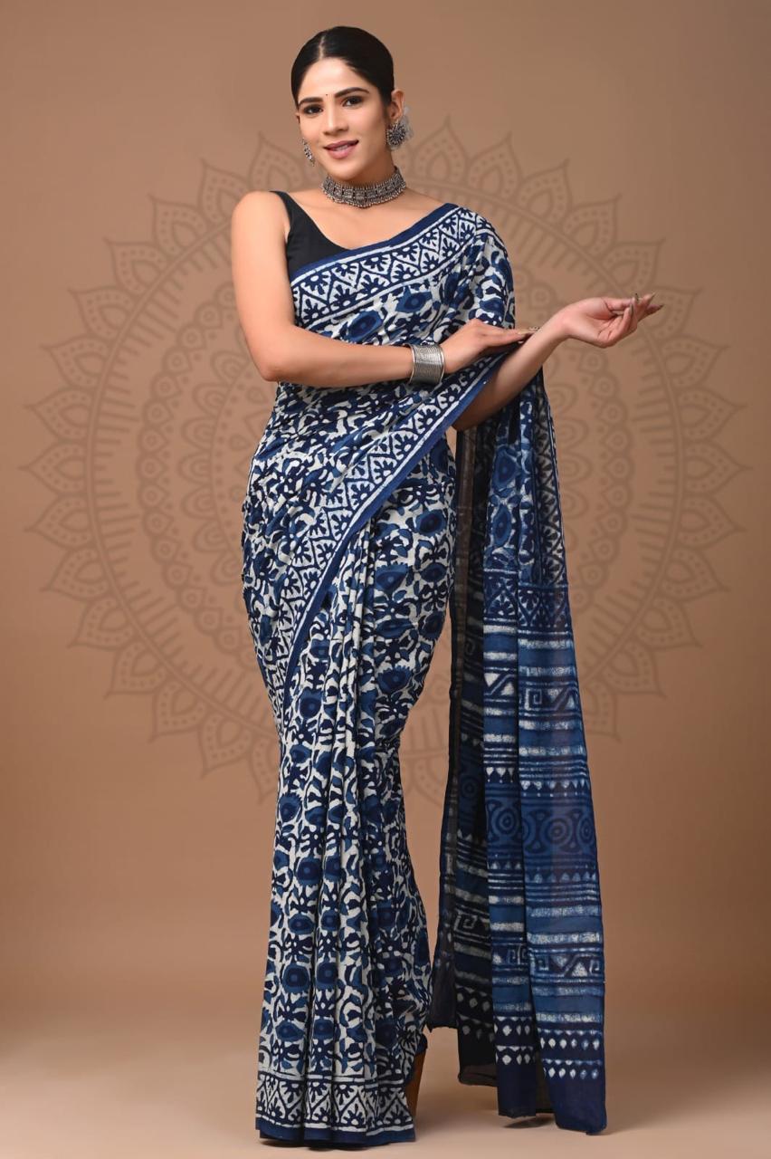 Hand Block Printing Saree with Indigo Dyes