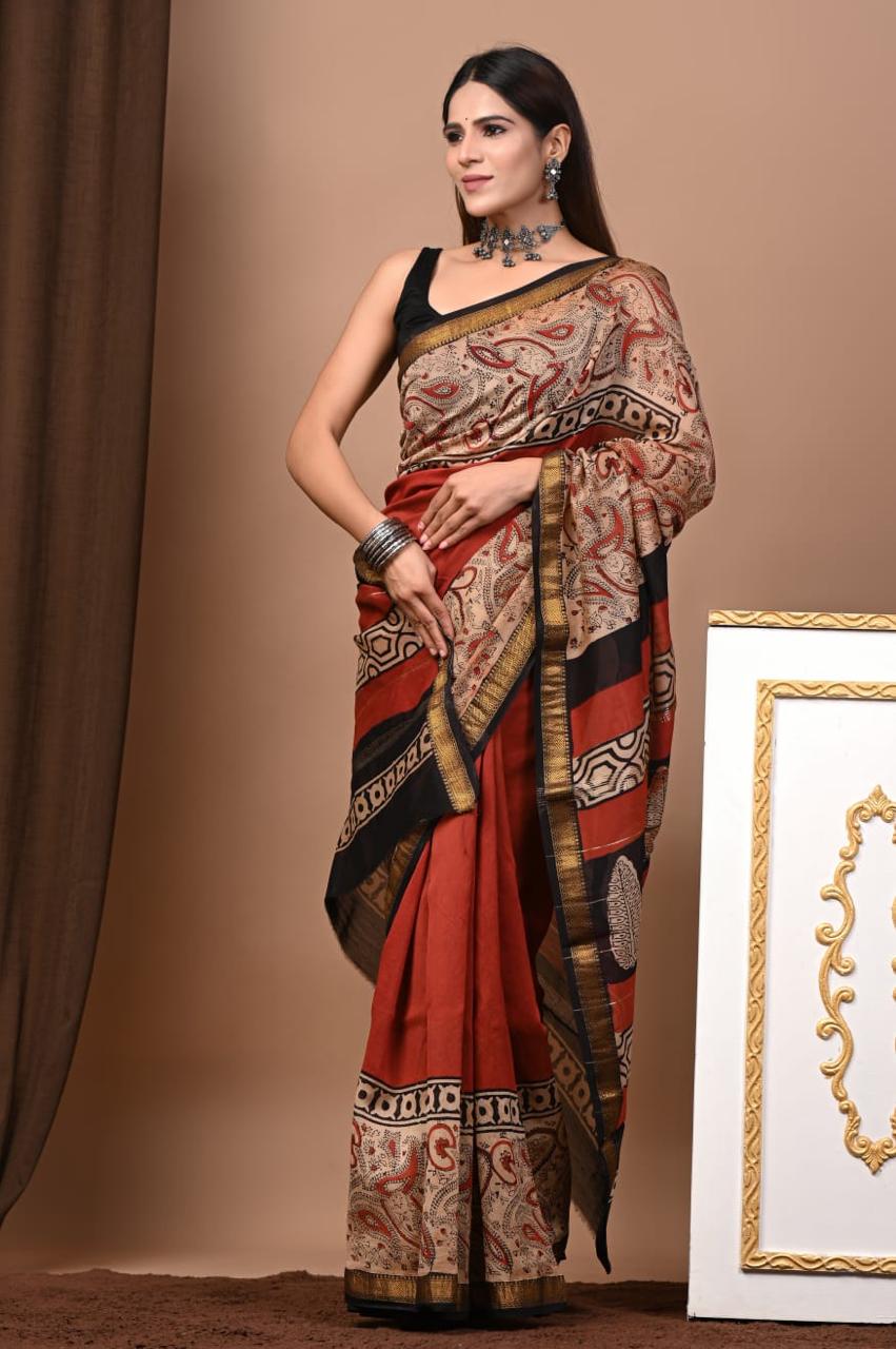Natural Color Hand Block Print Saree