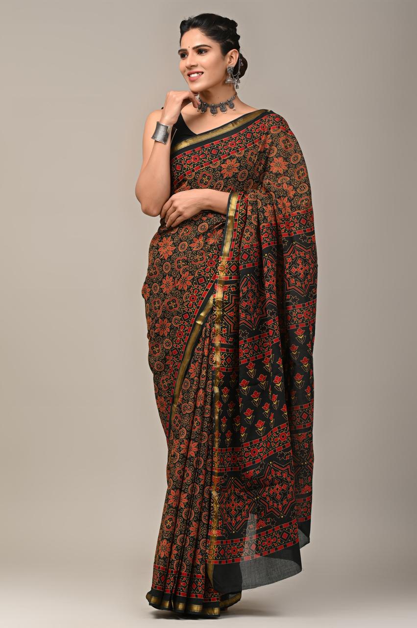 Hand Block Printing Saree on Cotton Zari