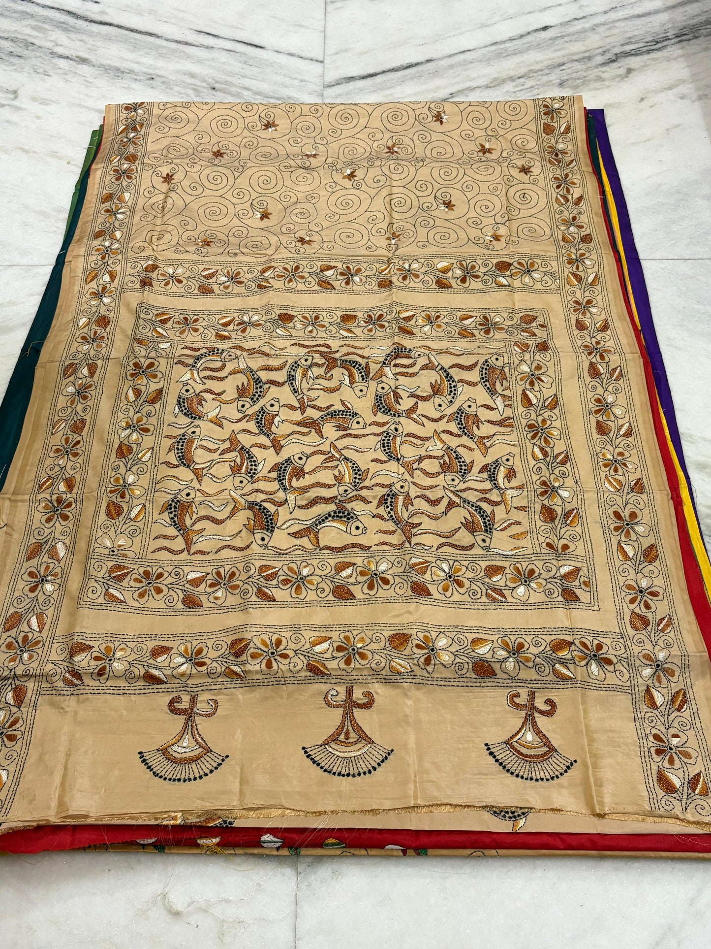 Blended Murshidabad Silk Hand Crafted Kantha Stitch Saree