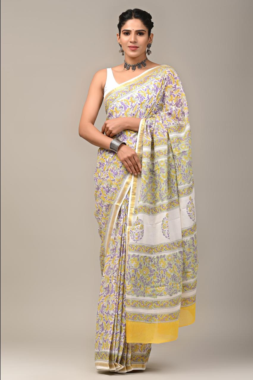 Hand Block Printing Saree on Cotton Zari
