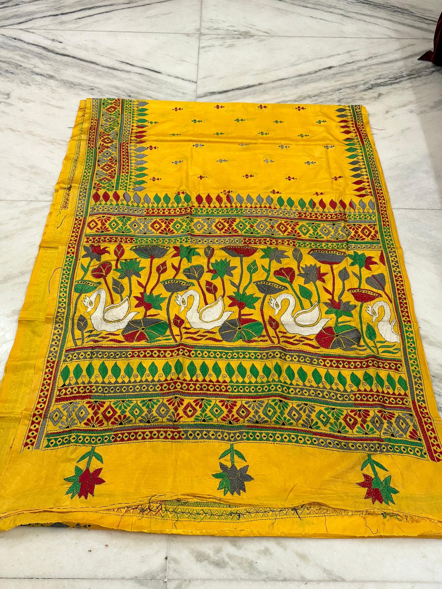 Blended Bangalore Silk Hand Crafted Kantha Stitch Saree