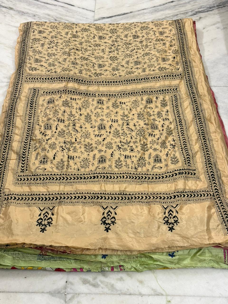 Pure Bangalore Silk Hand Crafted Kantha Stitch Saree