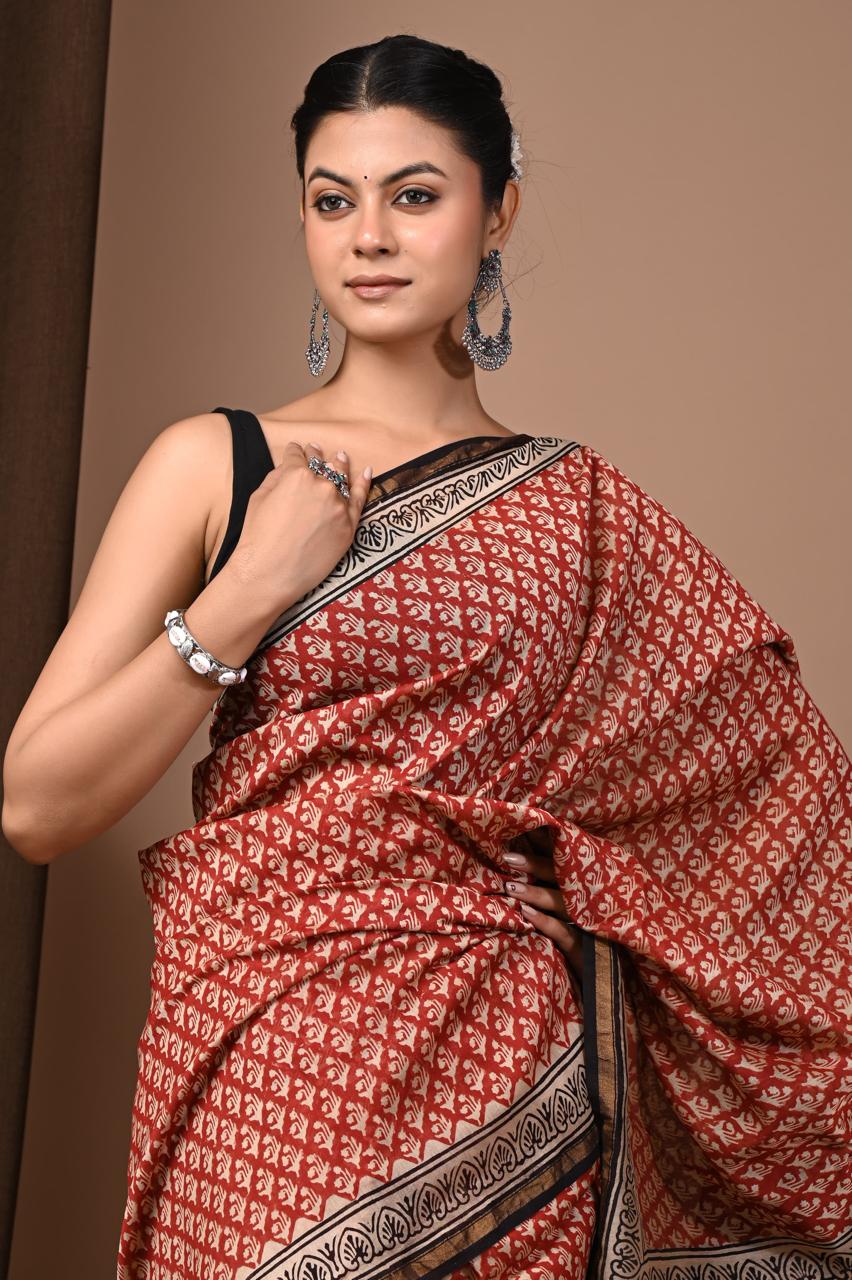 Hand Block Print Saree on Chanderi Silk