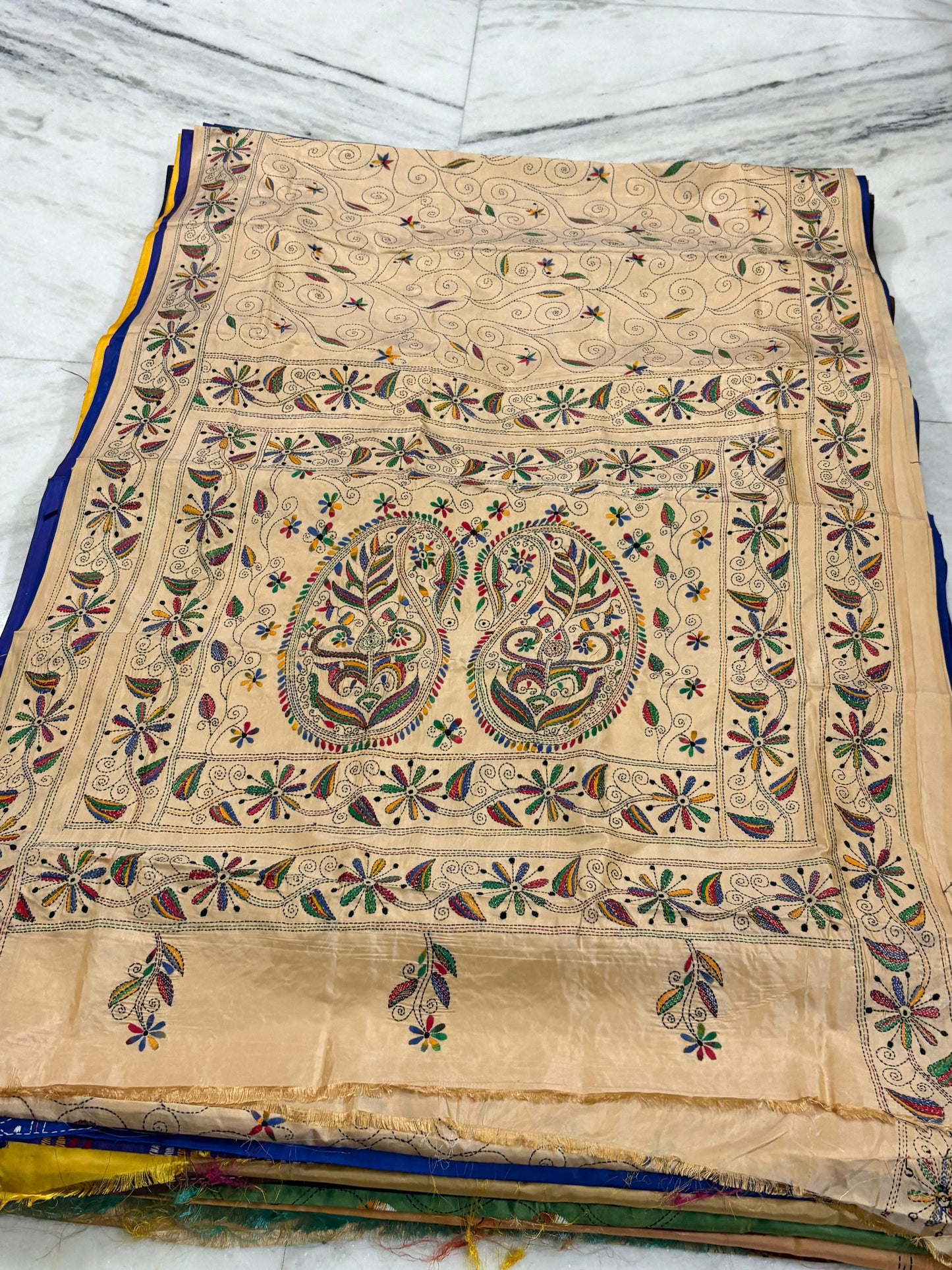 Blended Murshidabad Silk Hand Crafted Kantha Stitch Saree