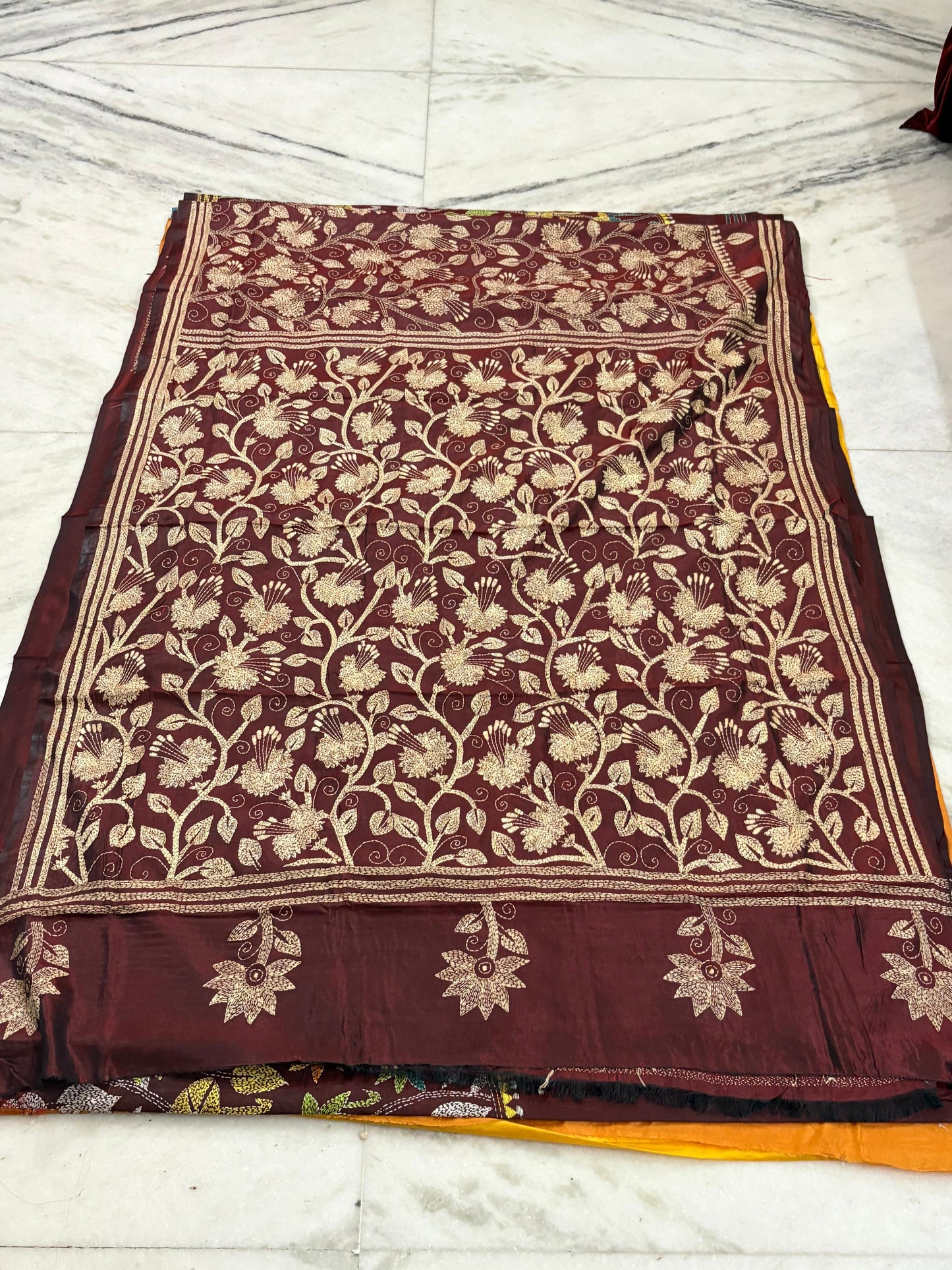 Blended Bangalore Silk Hand Crafted Kantha Stitch Saree