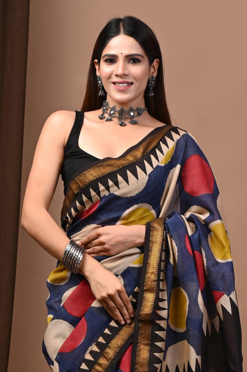 Natural Color Hand Block Print Saree