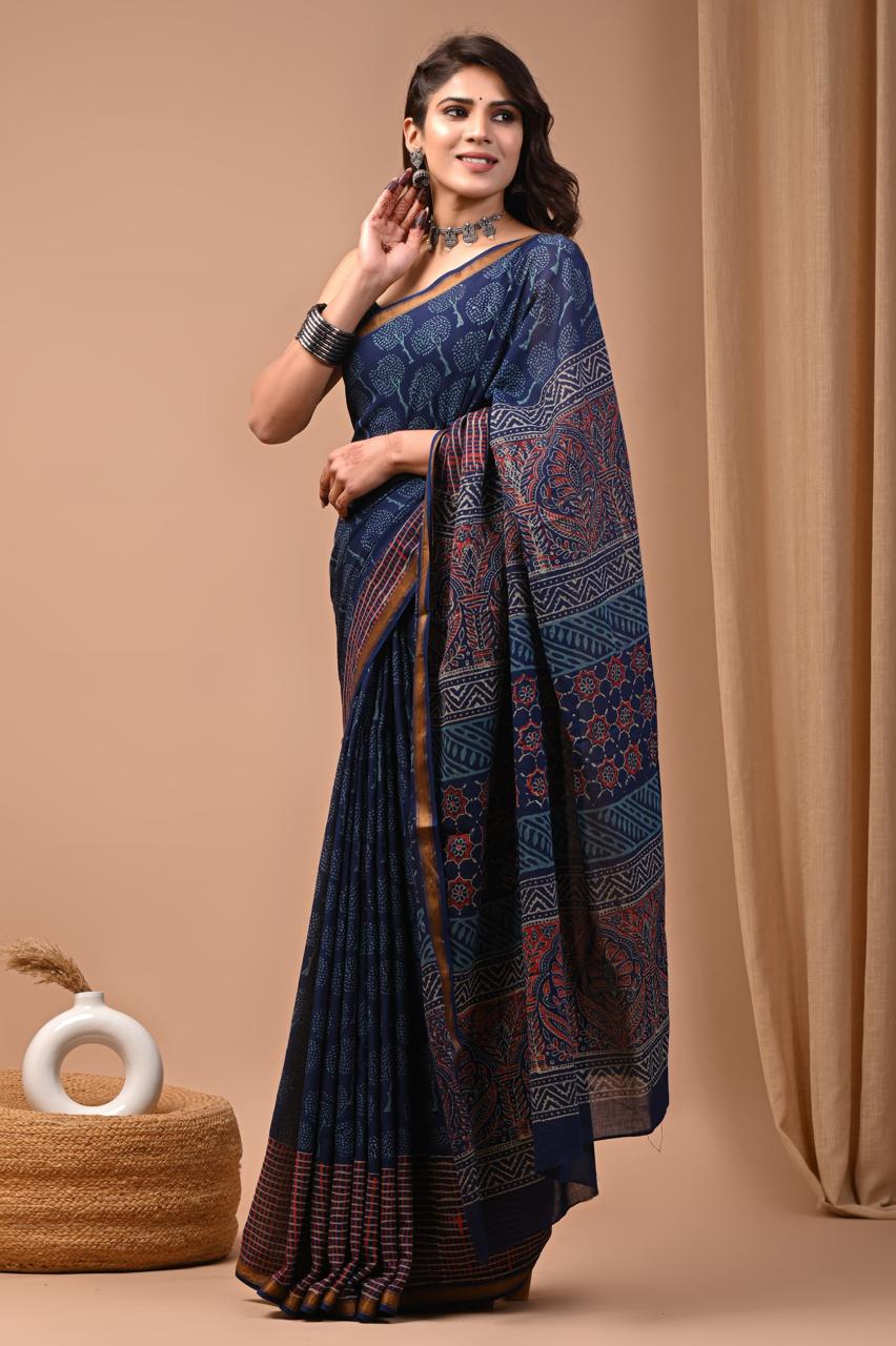 Hand Block Printing Saree on Cotton Zari
