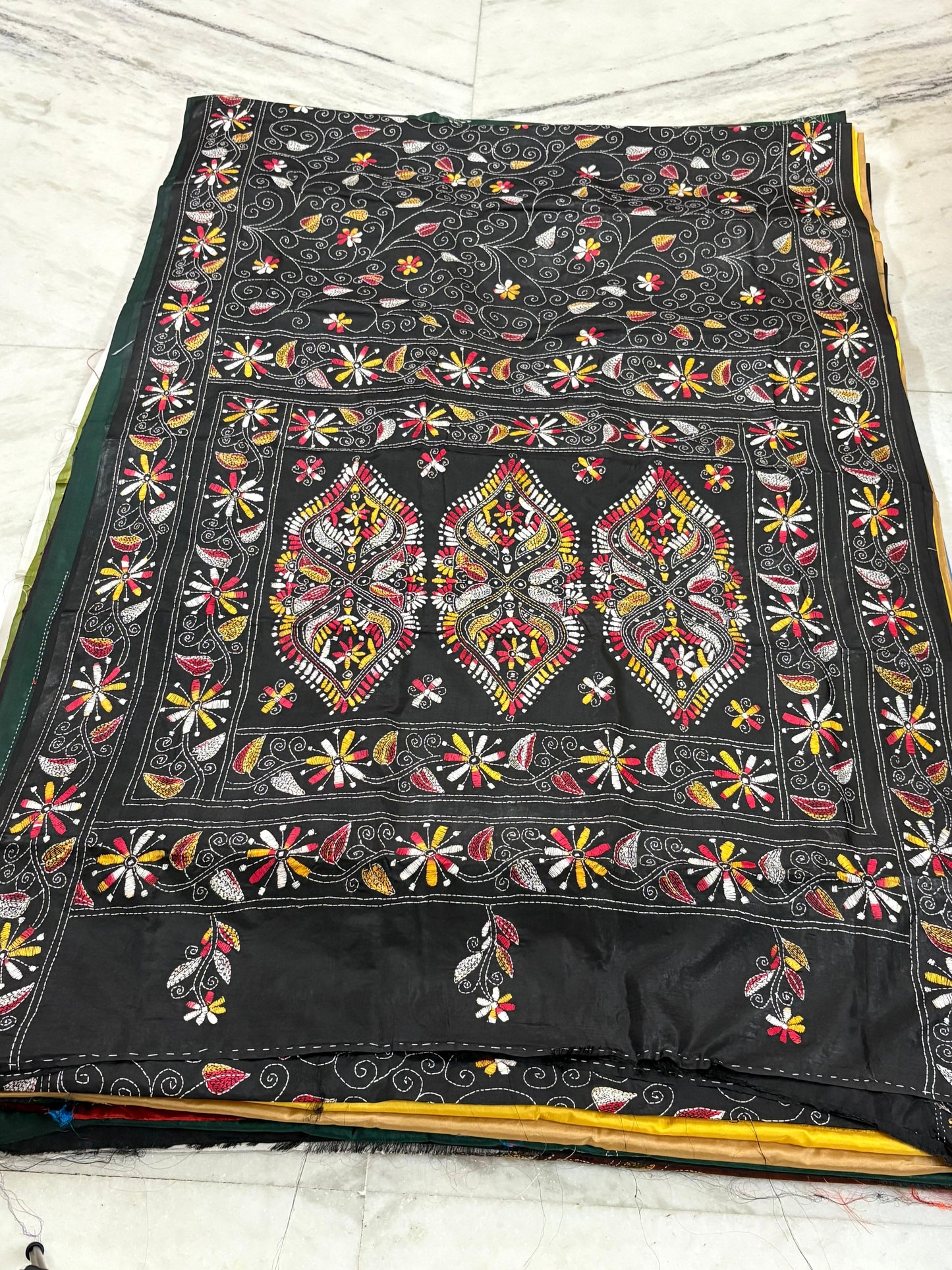 Blended Bangalore Silk Hand Crafted Kantha Stitch Saree