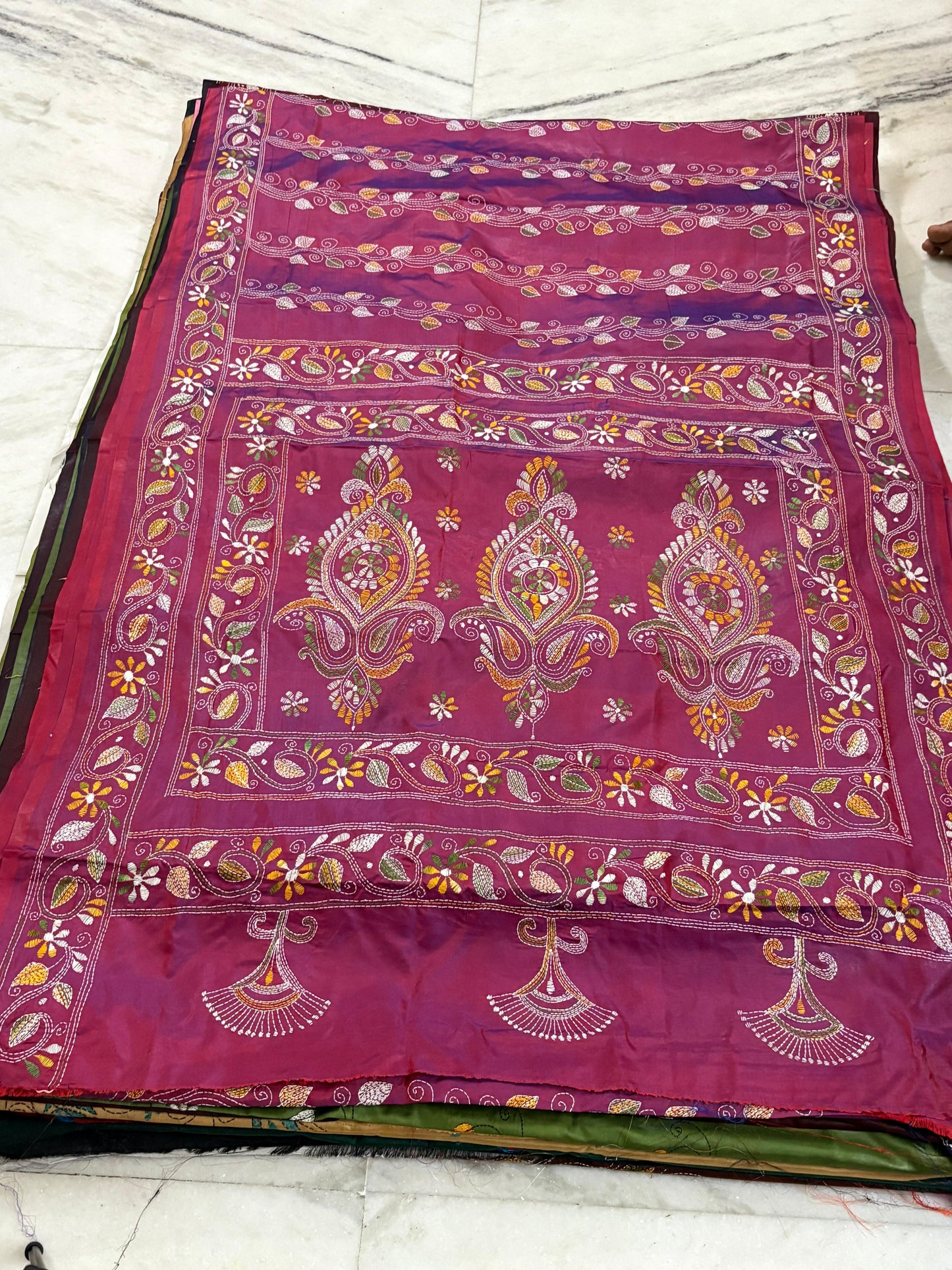Blended Bangalore Silk Hand Crafted Kantha Stitch Saree