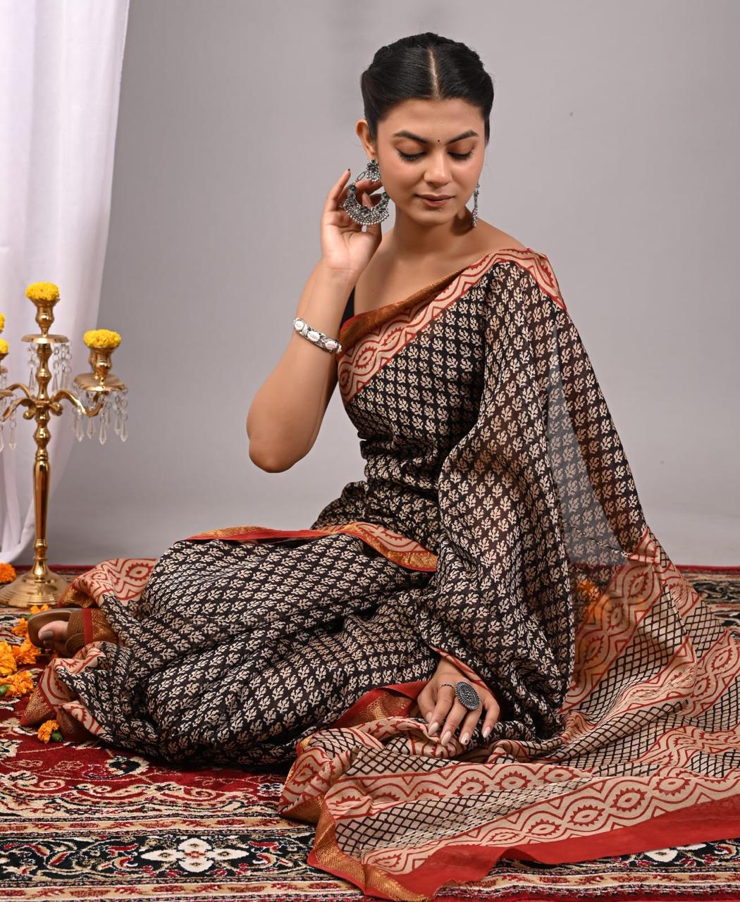 Natural Color Hand Block Print Saree