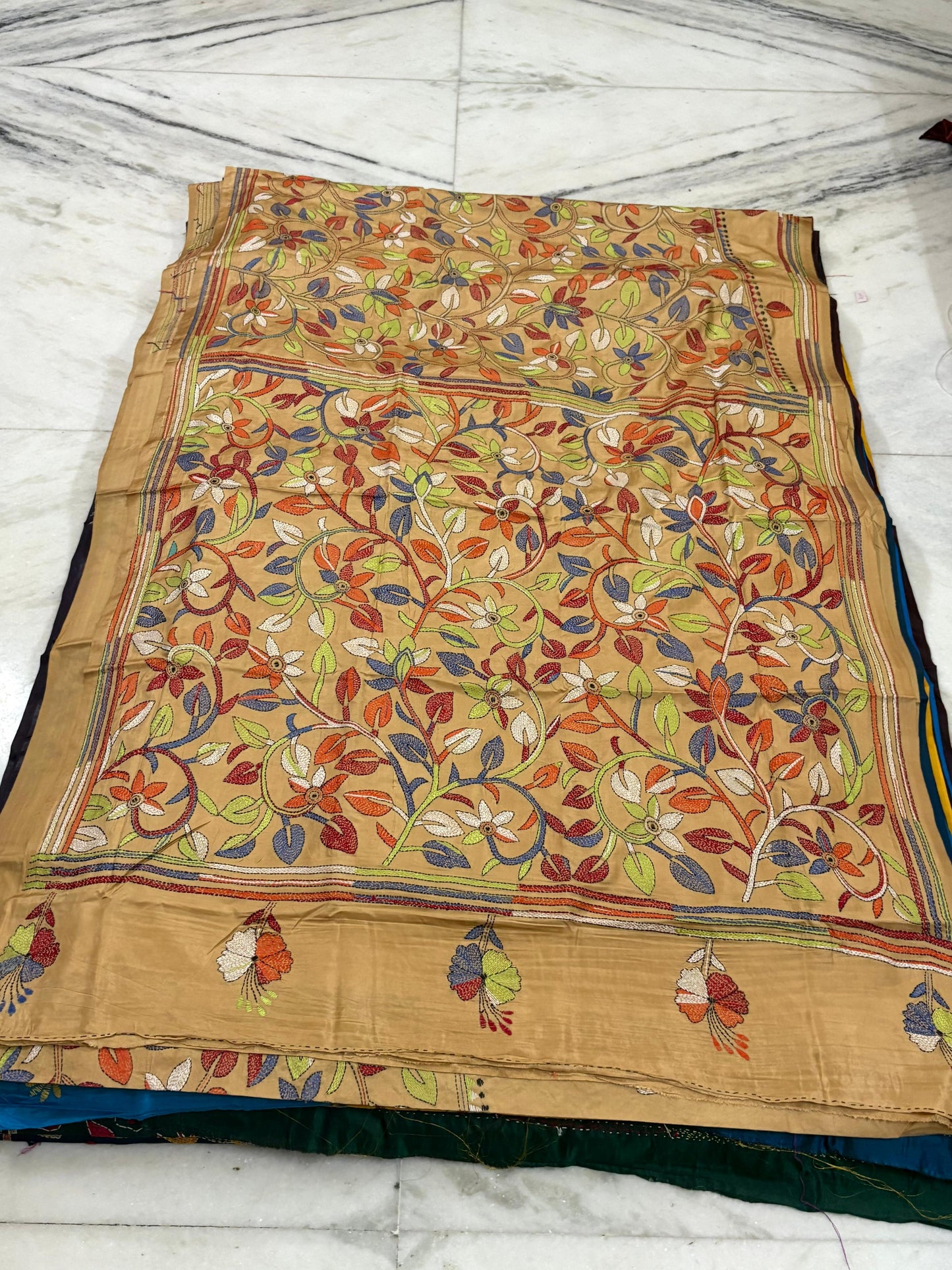Blended Bangalore Silk Hand Crafted Kantha Stitch Saree