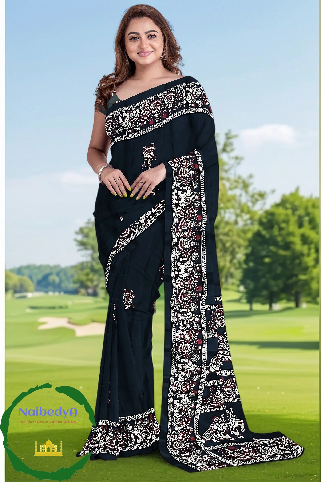 Black Bishnupuri Silk Sari With Old Traditional Figures For An Elegant Look