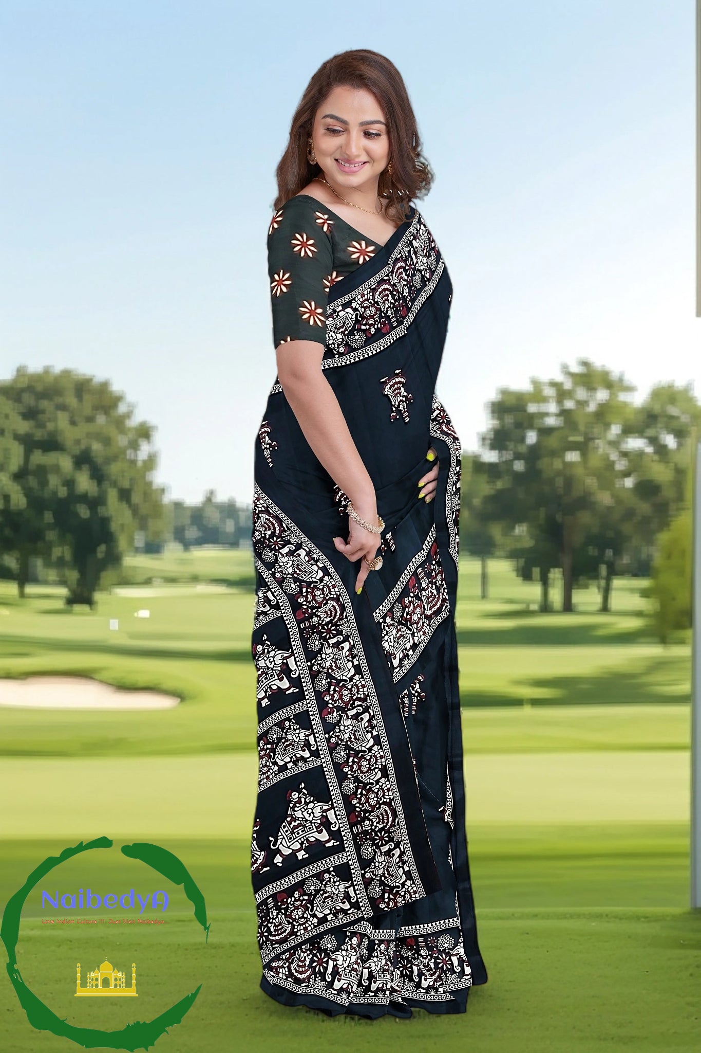 Black Bishnupuri Silk Sari With Old Traditional Figures For An Elegant Look