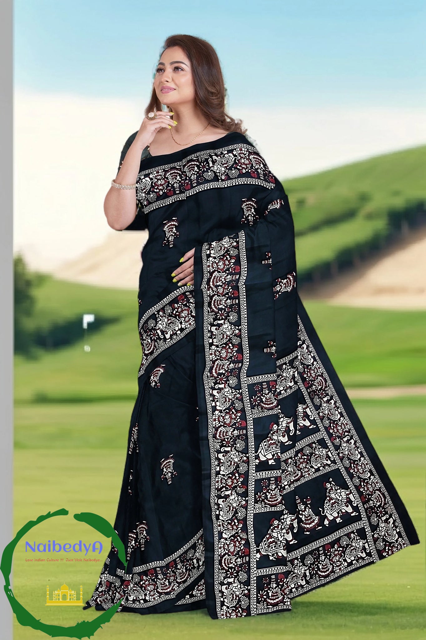 Black Bishnupuri Silk Sari With Old Traditional Figures For An Elegant Look