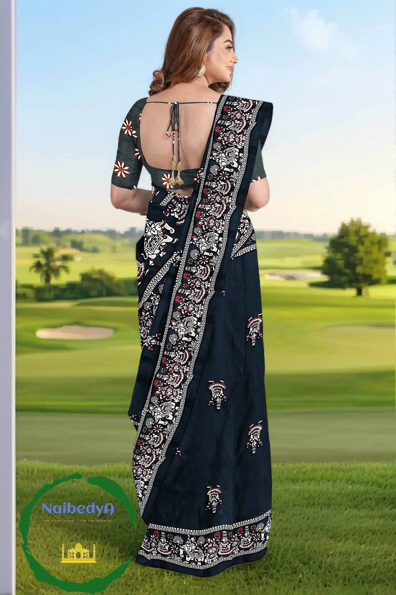 Black Bishnupuri Silk Sari With Old Traditional Figures For An Elegant Look