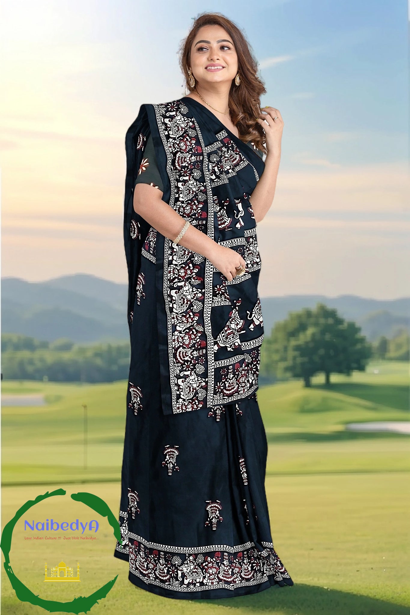 Black Bishnupuri Silk Sari With Old Traditional Figures For An Elegant Look