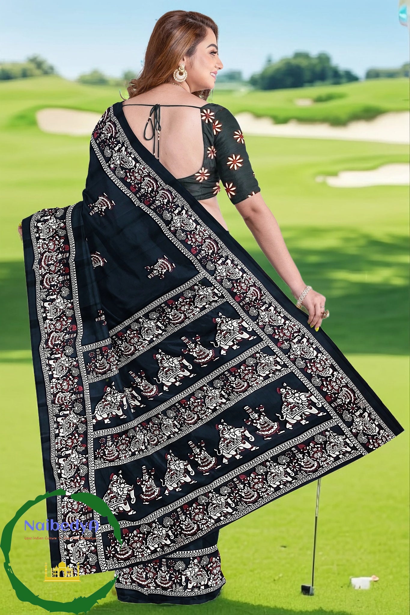 Black Bishnupuri Silk Sari With Old Traditional Figures For An Elegant Look