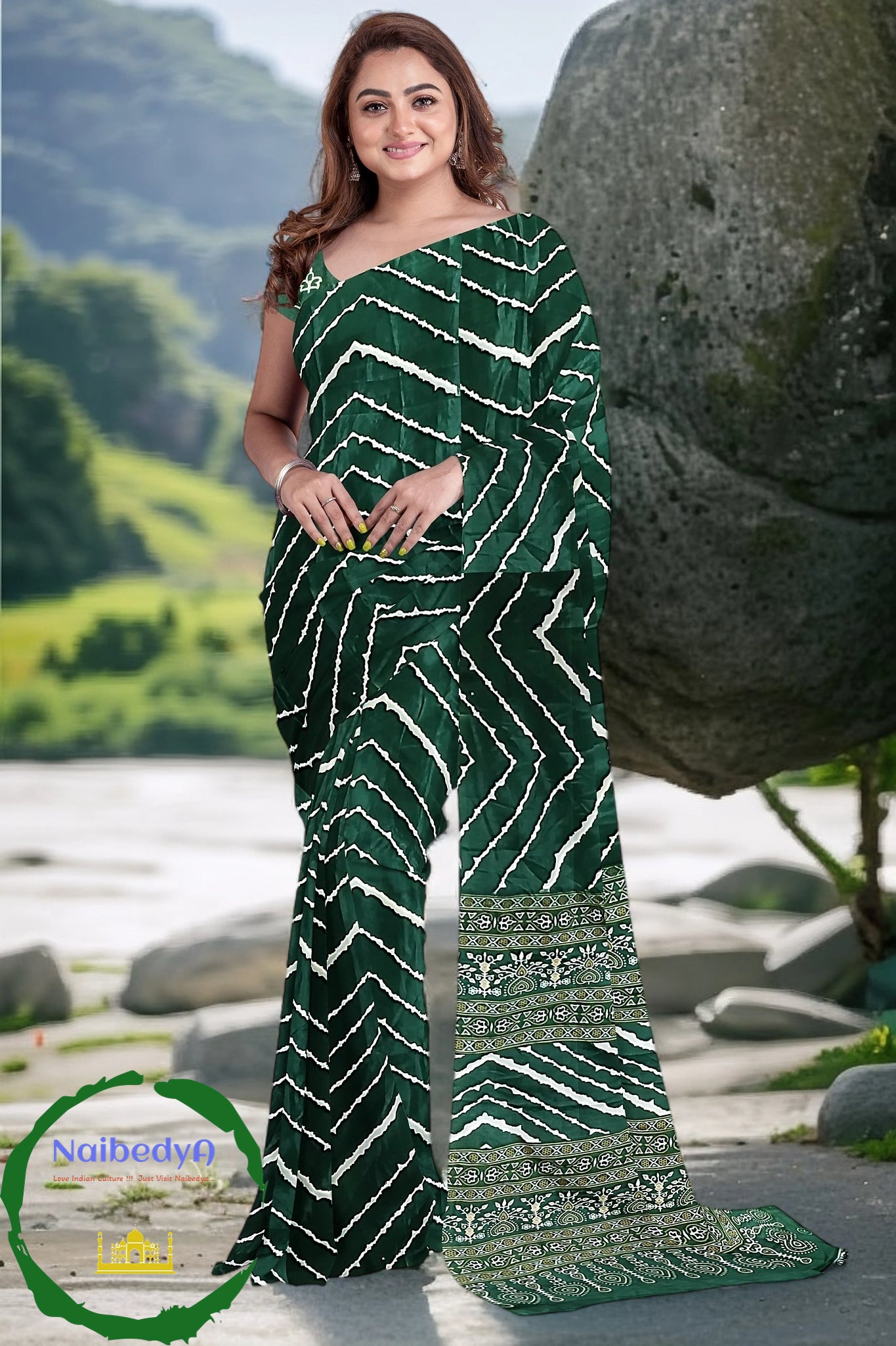 Deep Green Sari With Hand Crafted Bandhani Effect