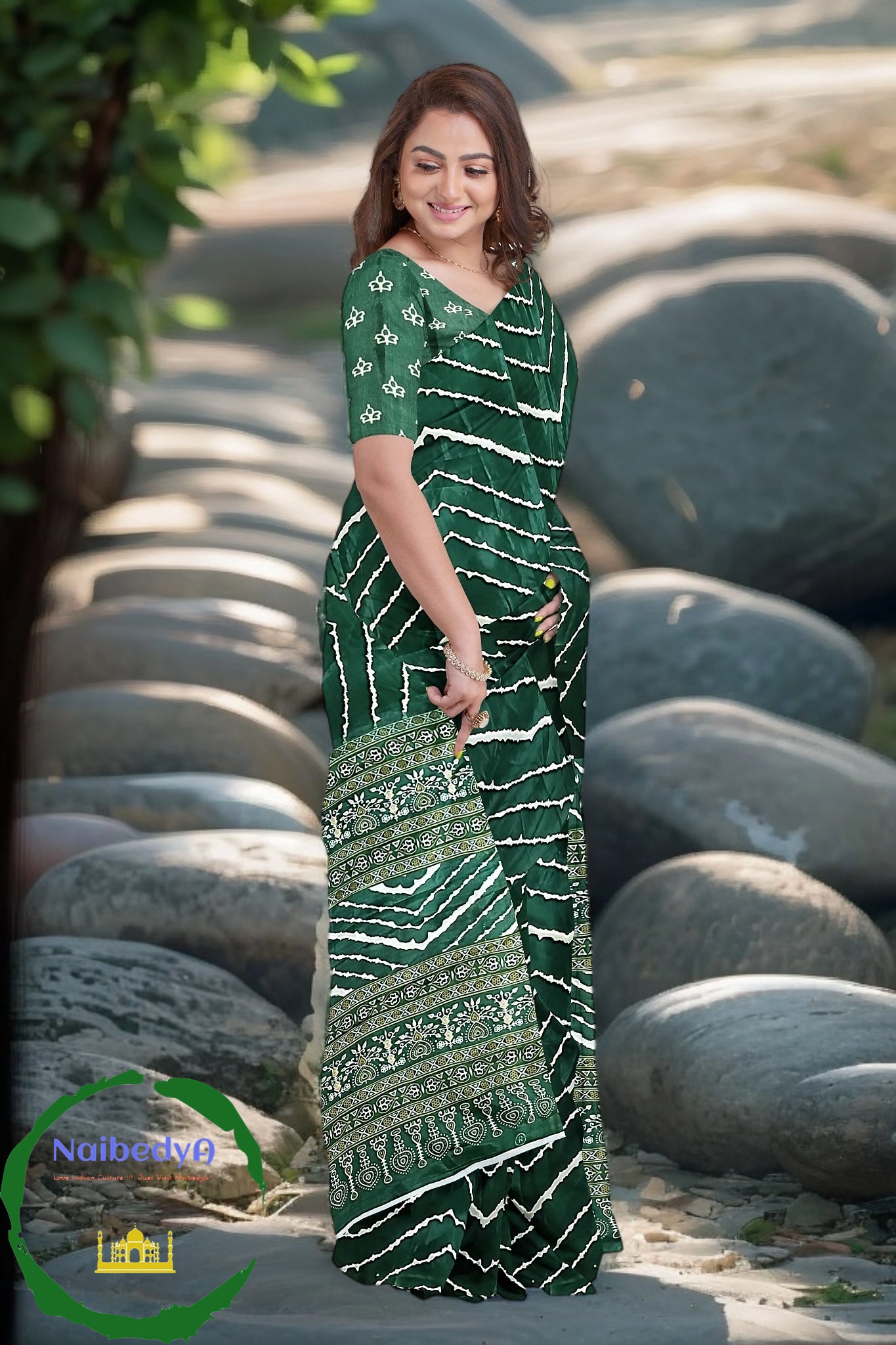 Deep Green Sari With Hand Crafted Bandhani Effect