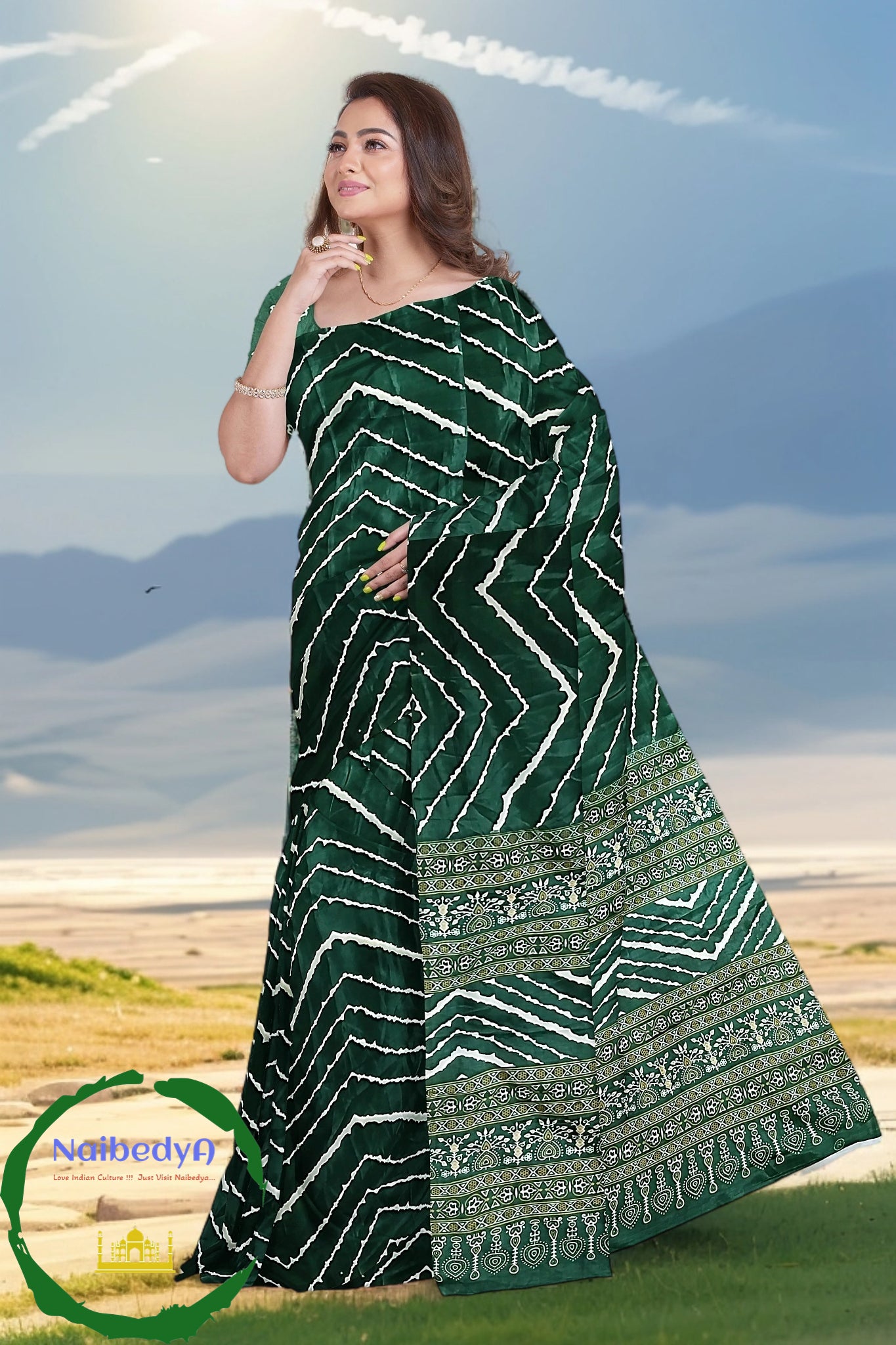 Deep Green Sari With Hand Crafted Bandhani Effect