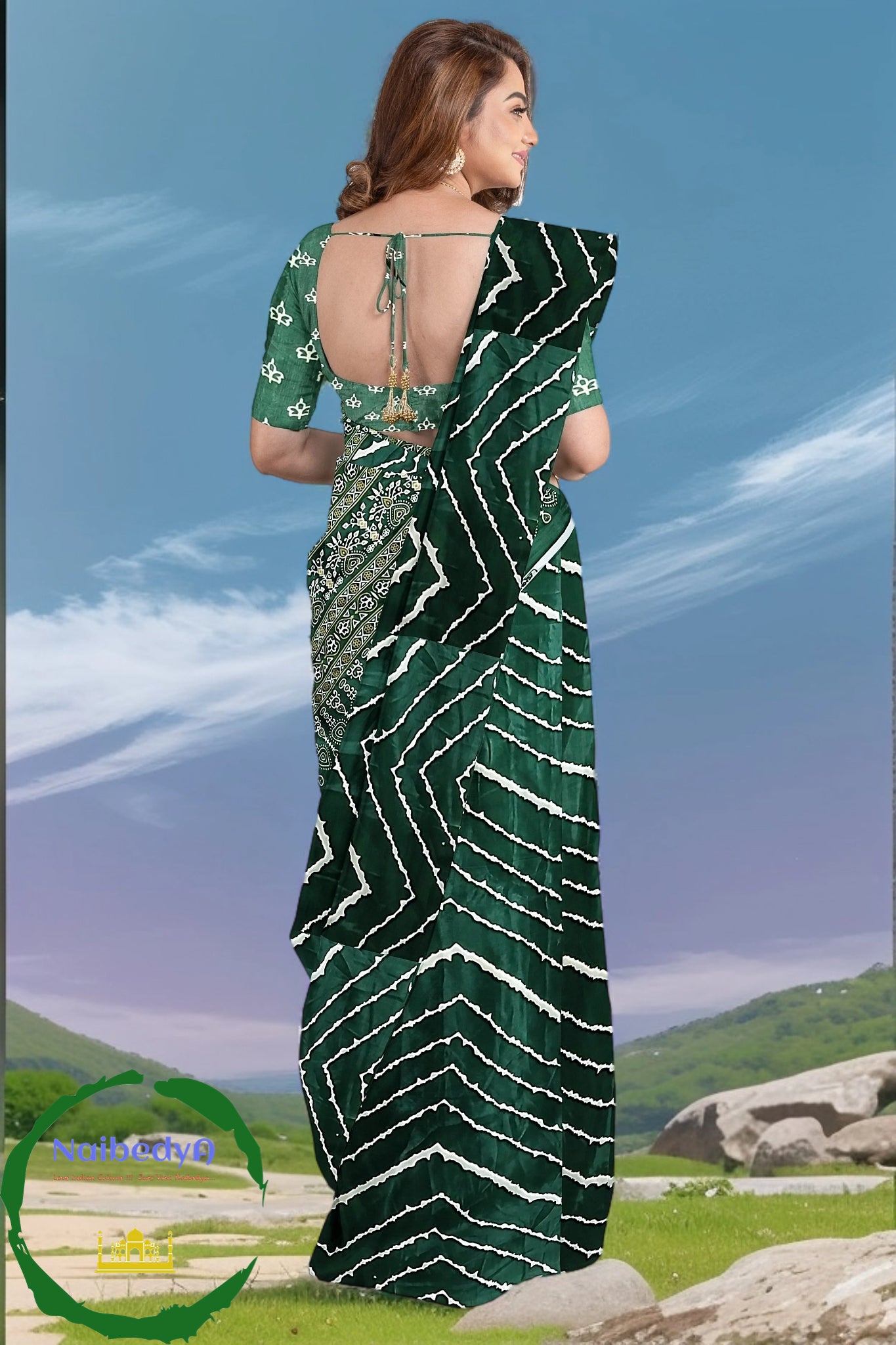 Deep Green Sari With Hand Crafted Bandhani Effect