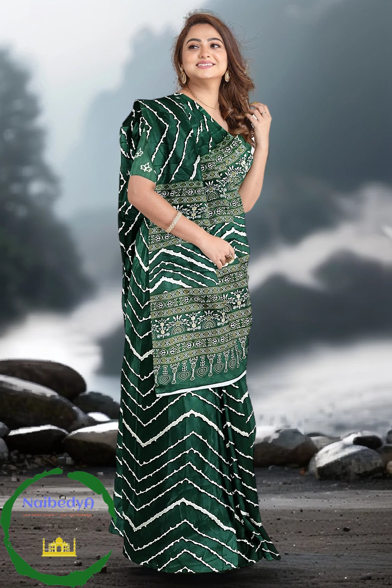 Deep Green Sari With Hand Crafted Bandhani Effect